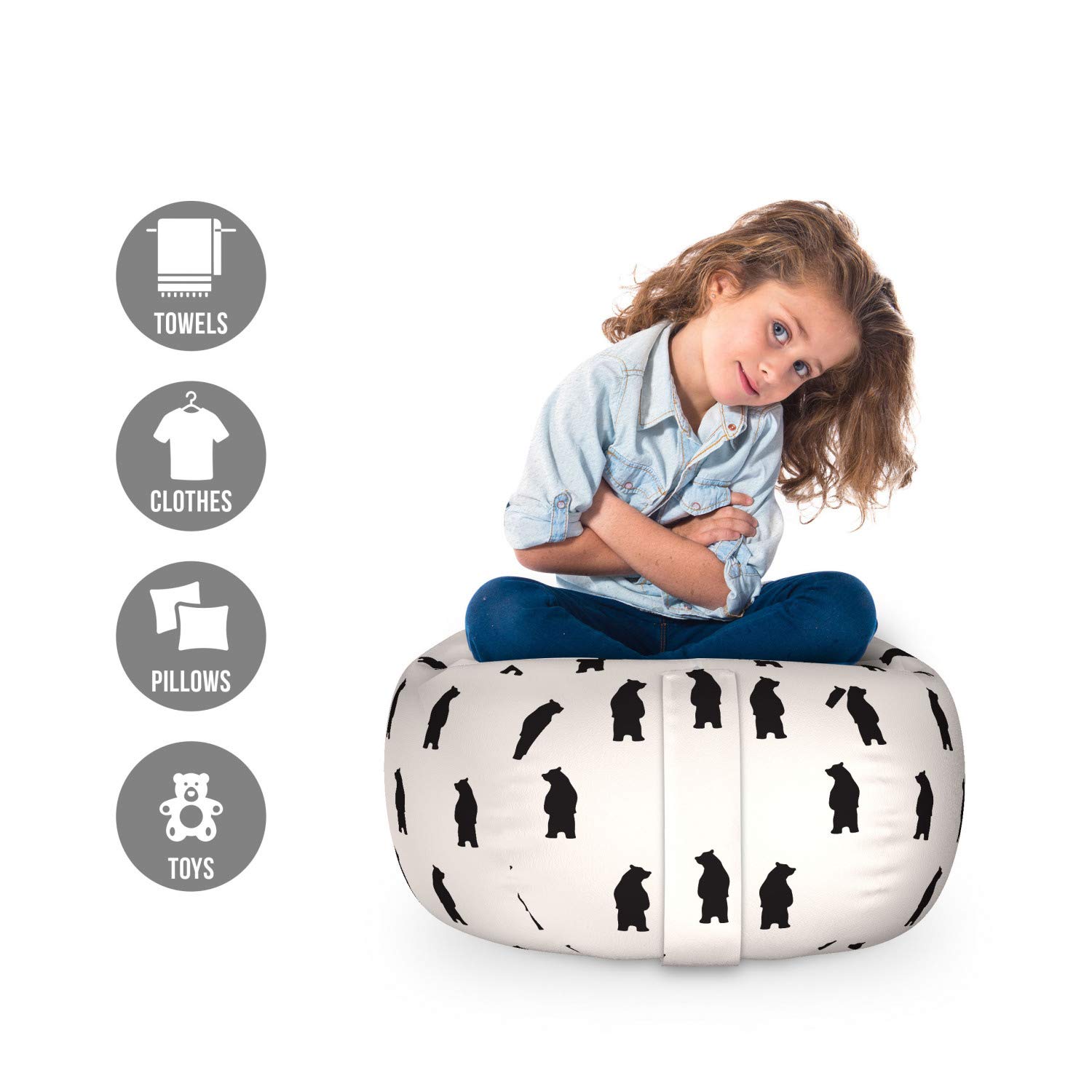 Ambesonne Animal Storage Toy Bag Chair - Bear Silhouette Pattern, Cream & Black Washable Stuffed Animal Organizer for Kids' Room, Nursery or Playroom Decor