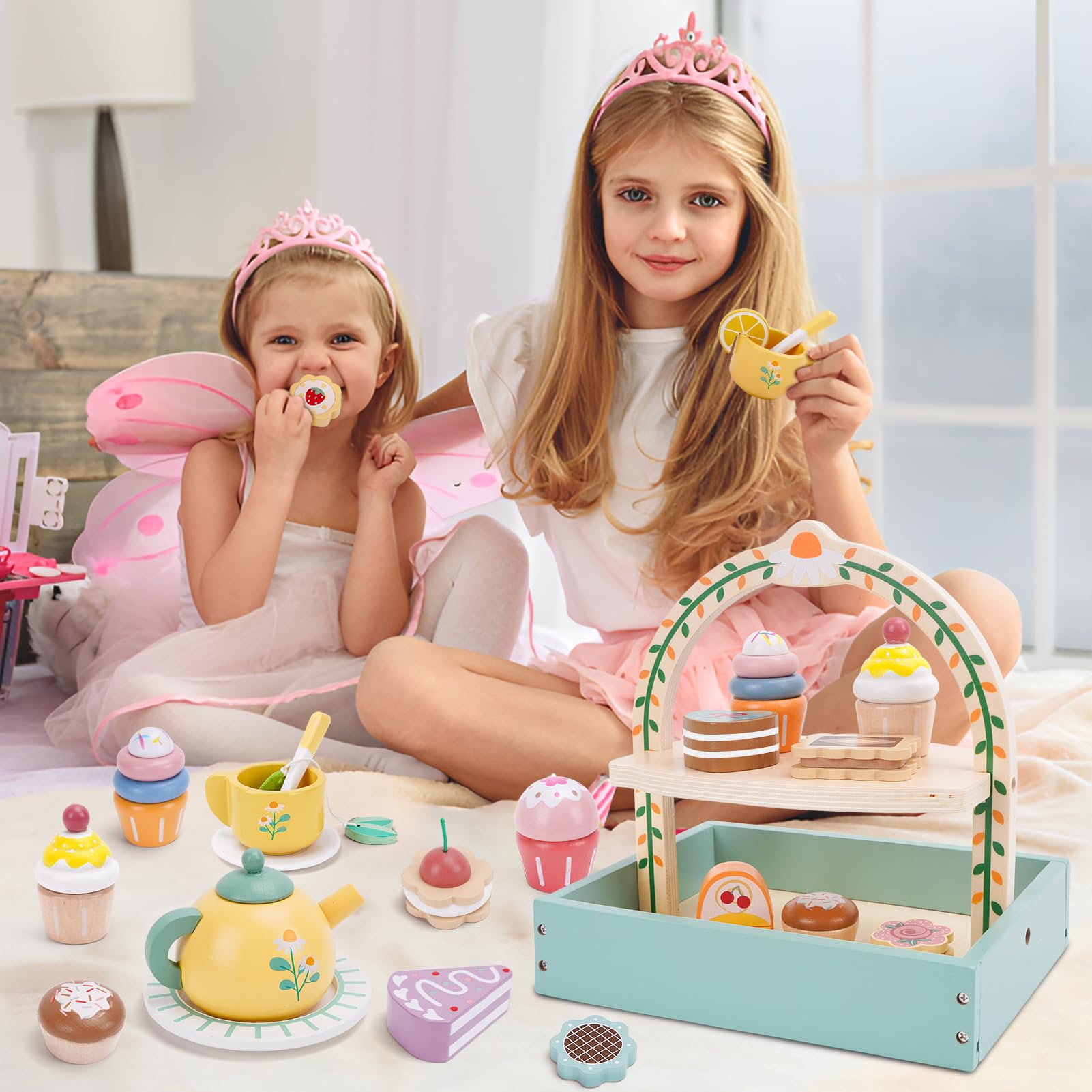 Wooden Tea Party Set for Kids - Pretend Play Tea Set with Cupcake Stand & Play Kitchen Accessories - Montessori Learning Toys for Toddlers Ages 3-6 - Perfect Birthday Gift for Girls (Great for Imaginative Play, Tea Parties & Role-Playing Games)
