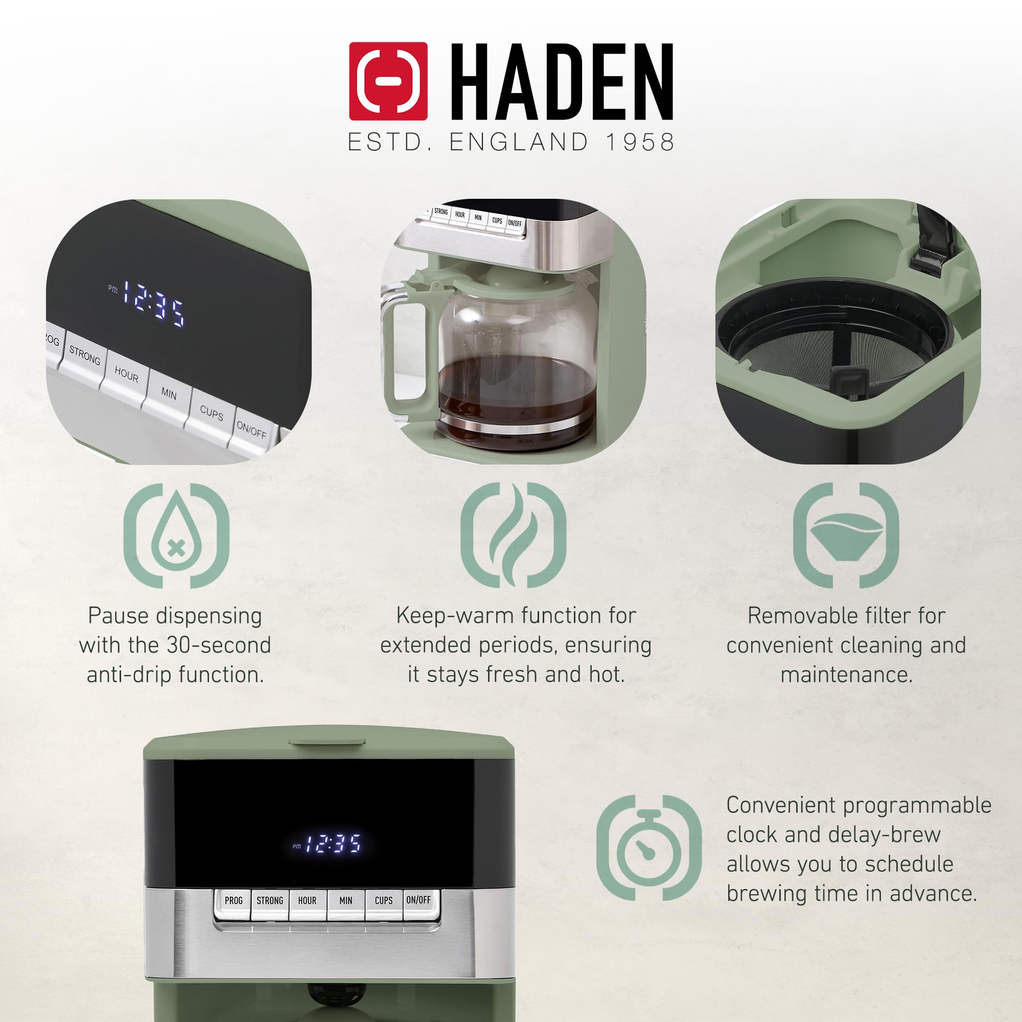 Haden Programmable 12-Cup Drip Coffee Maker with Glass Carafe - Green & Chrome Stainless Steel - Perfect for Home, Office, and Cafe Use