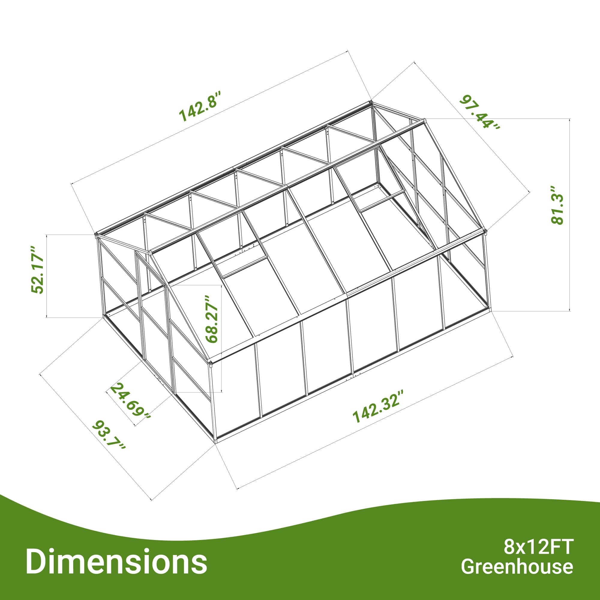 8x12 FT Outdoor Greenhouse - Quick Setup Polycarbonate Greenhouse with Roof Vent & Aluminum Frame - Large Walk-in Garden Greenhouse for Backyard, Patio & Gardening - Black