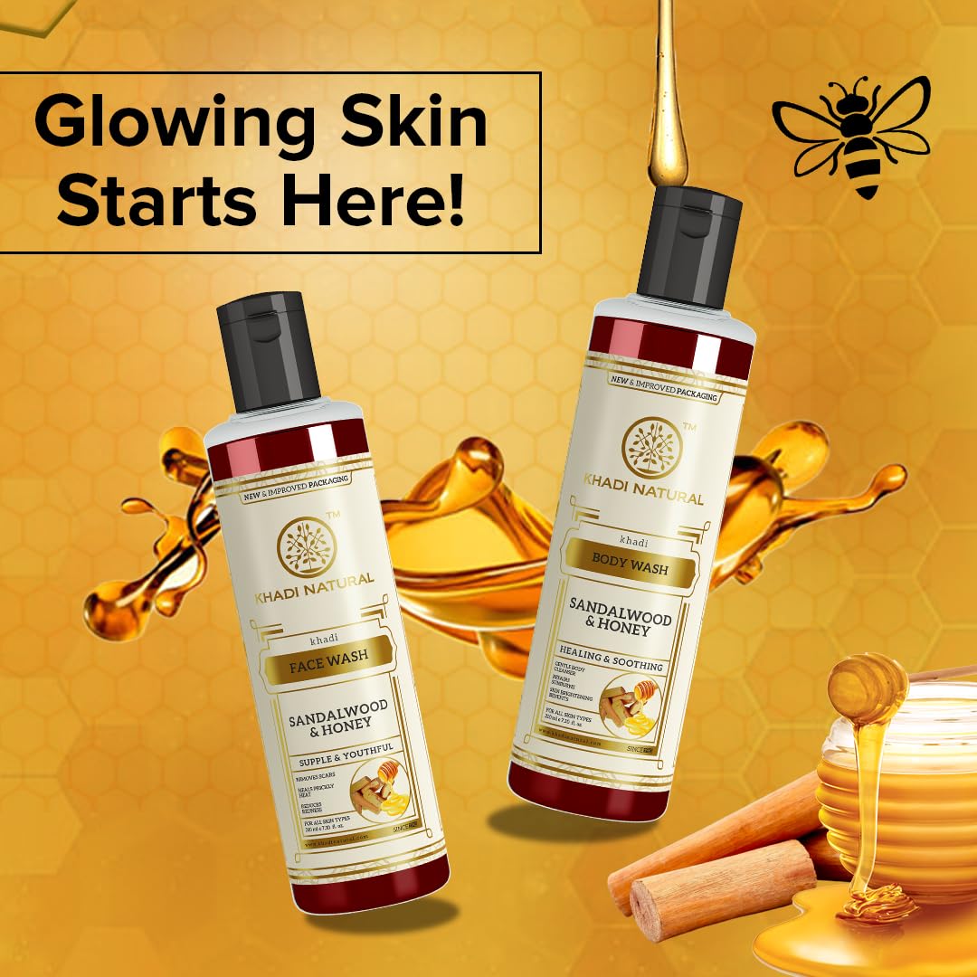 Khadi Natural Sandalwood & Honey Face Wash & Body Wash Combo Set - Controls Excess Oil, Deep Moisturization for Glowing Skin - 210ml Each - Perfect for Daily Skincare & Relaxing Bath Time
