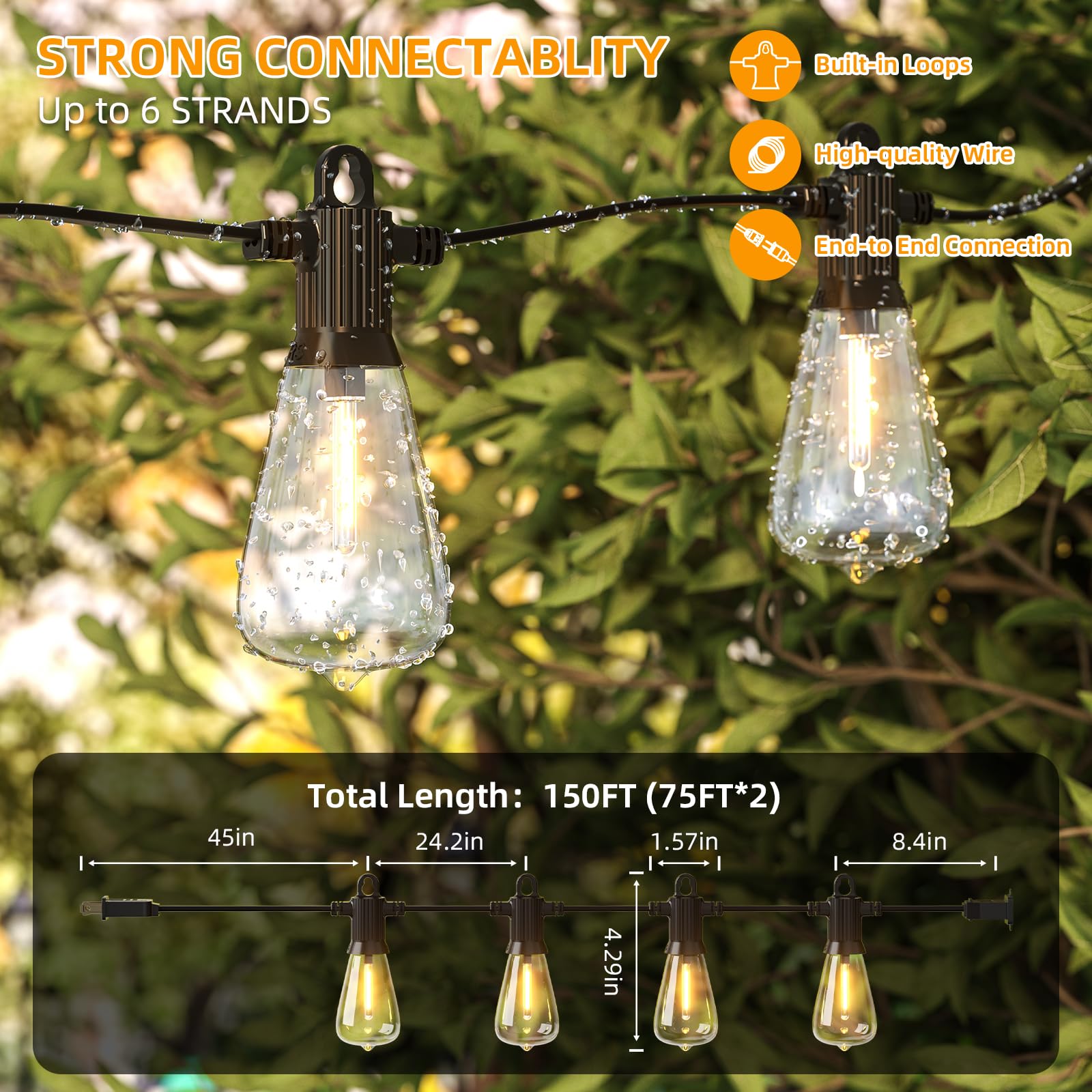 150FT LED Outdoor String Lights - 72+3 Shatterproof ST38 Edison Bulbs, Waterproof Patio Lights 2700K Warm White, Dimmable Hanging Lights for Backyard, Porch, Party, Gazebo - Perfect for Garden Decor, Wedding, Christmas & Outdoor Events