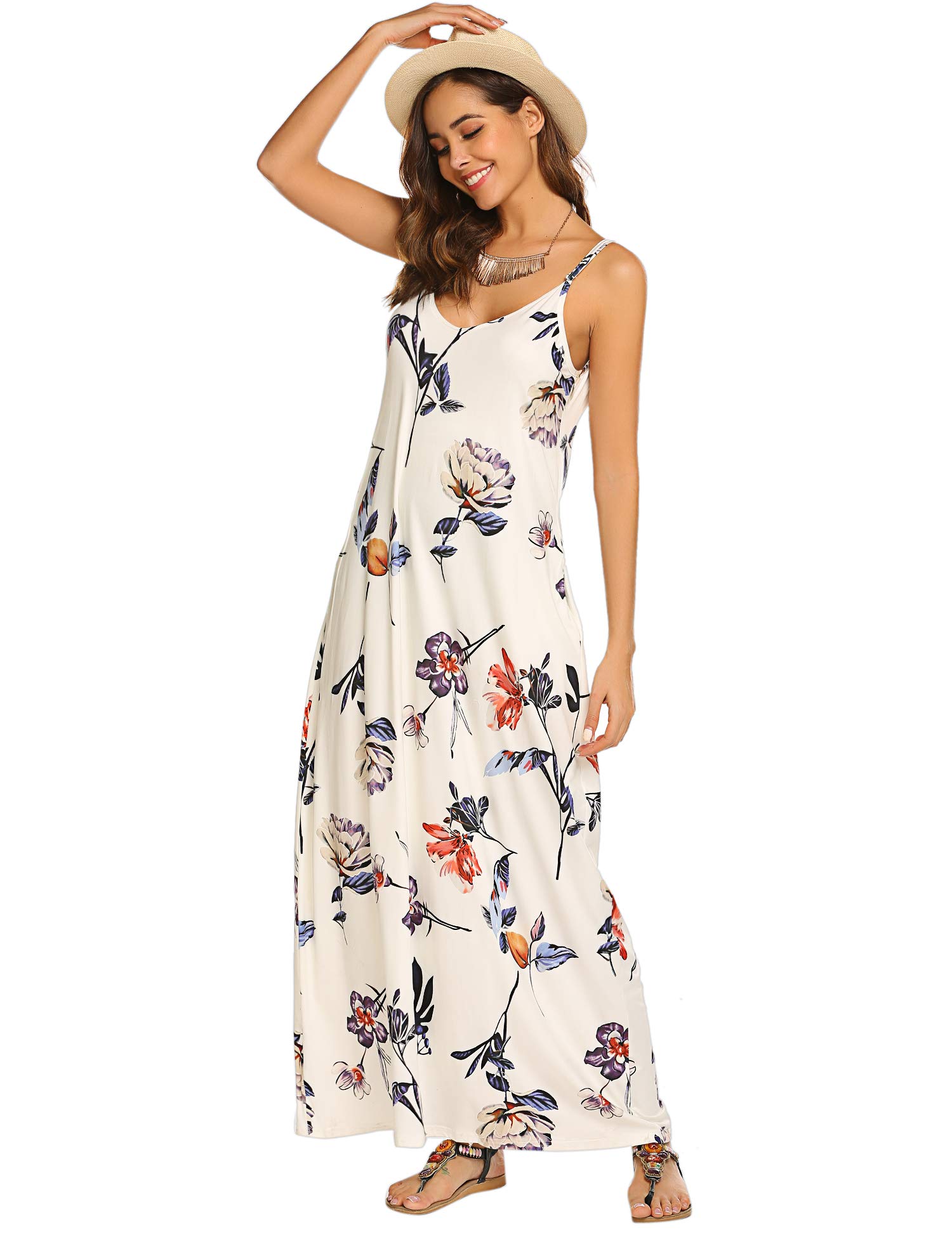 Supnier Women's Summer Maxi Dress - Casual V-Neck Sleeveless Bohemian Floral Long Dress with Pockets | Perfect for Beach Vacation, Music Festival & Boho Chic Outfits