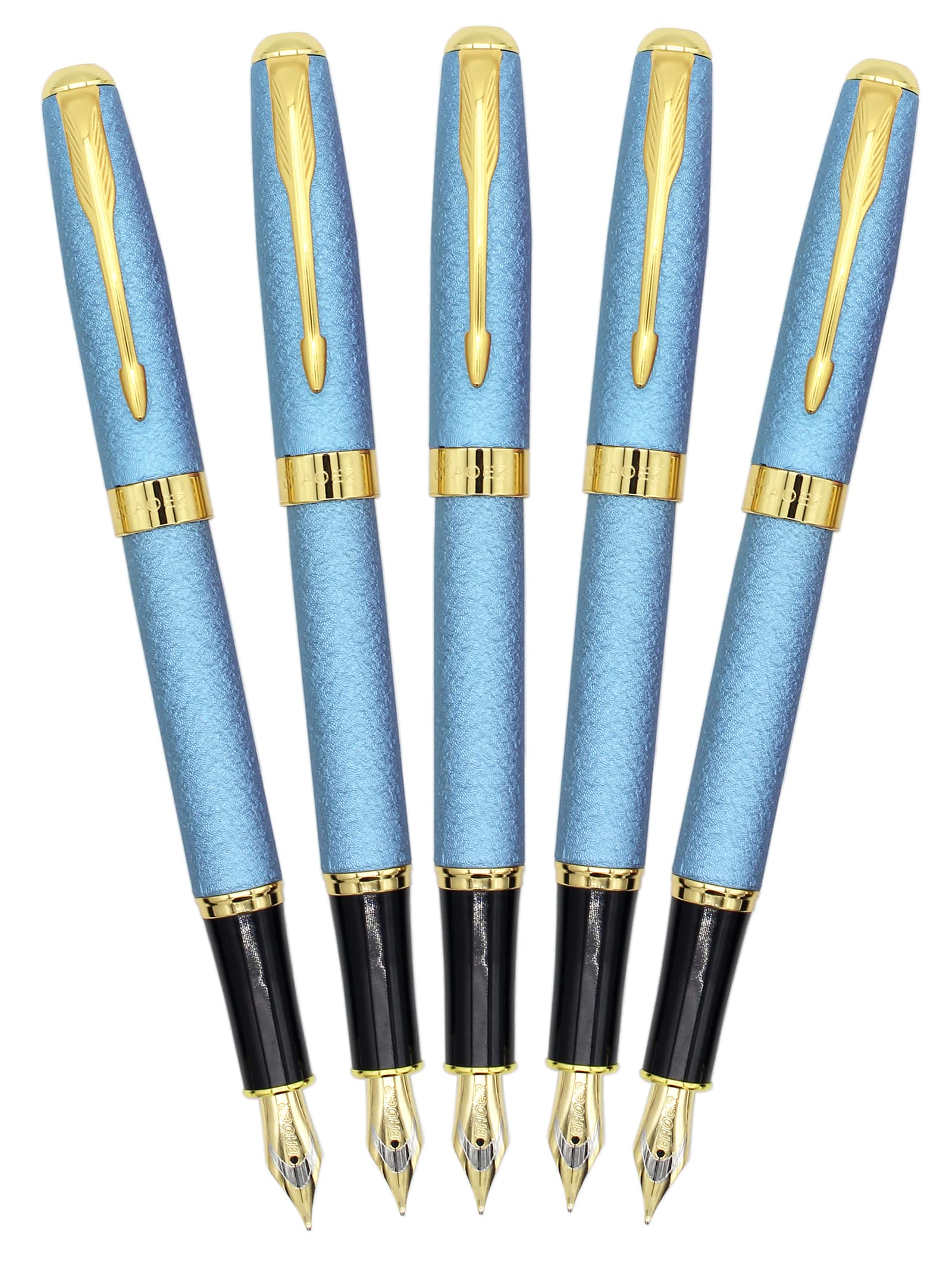 Gullor 5-Piece Classic Metal Fountain Pen Set with Gold Trim - B388 Model, Includes Converters & Gift Box - Elegant Blue Ink Pens for Writing, Calligraphy, Office Use & Special Occasions