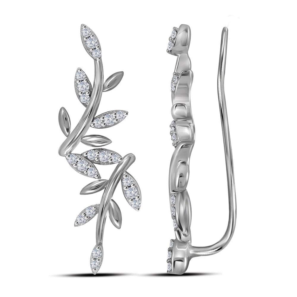 10K White Gold Women's Round Diamond Floral Climber Earrings 1/5 CTTW - Elegant Dangling Earrings for Weddings, Parties & Special Occasions