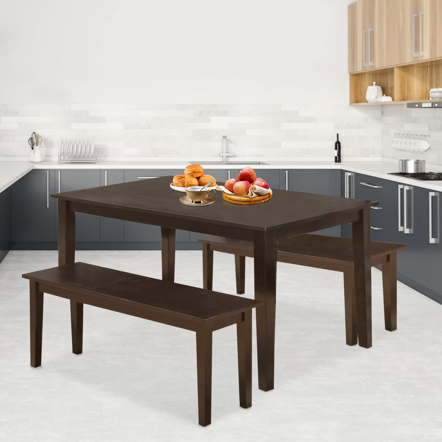 3-Piece Wooden Dining Table Set with Bench for 4-6 People - Rectangular Kitchen Table & Chairs with Sturdy Metal Legs - Perfect for Small Kitchens, Dining Rooms & Breakfast Nooks (Brown)