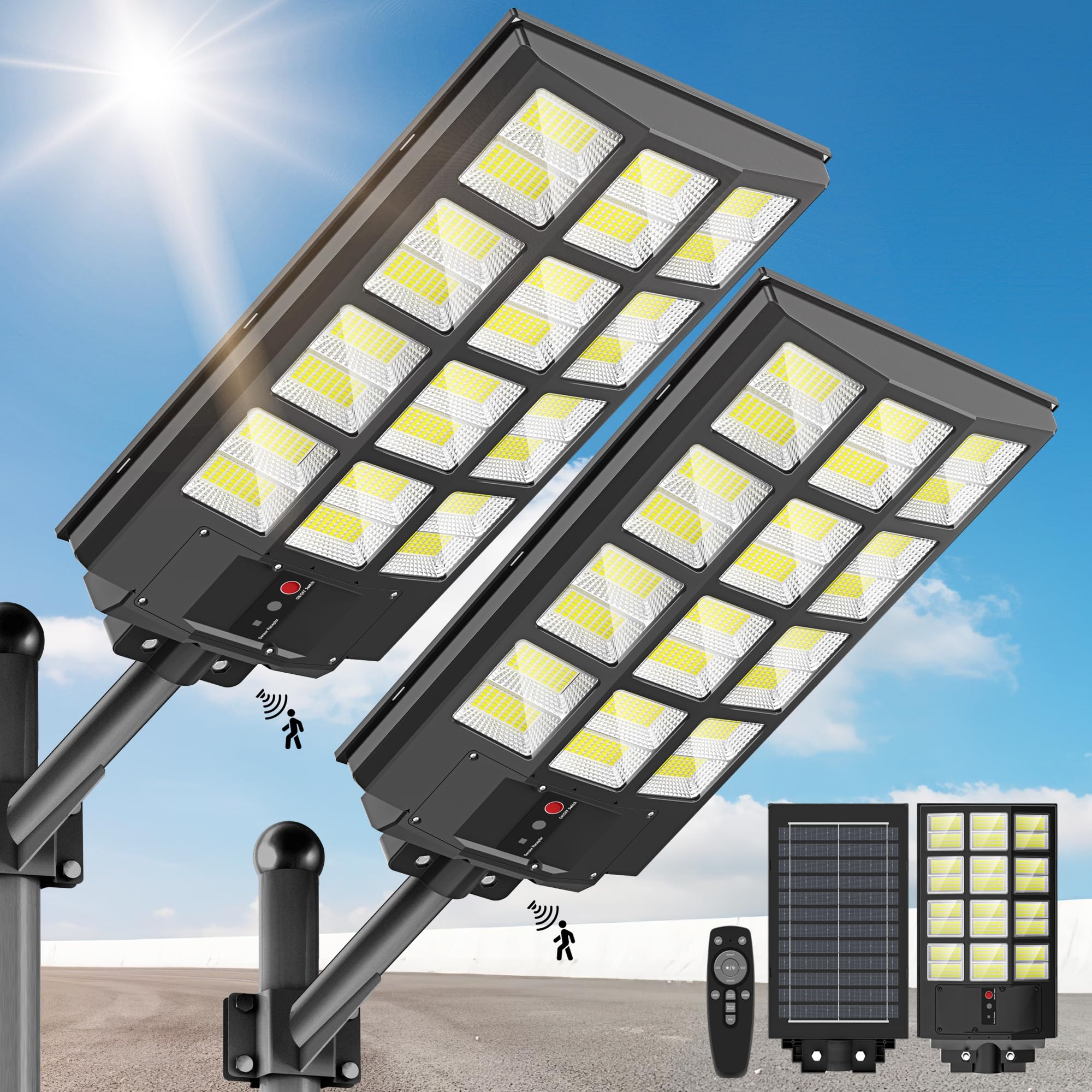 3000W Solar Street Lights Outdoor - 6500K Bright White Wide Angle Solar Powered Motion Sensor Lights, IP66 Waterproof Dusk to Dawn Flood Lights for Commercial Parking Lots, Yards, Pathways (2 Pack) - Ideal for Security Lighting, Garden Illumination and Driveway Lighting