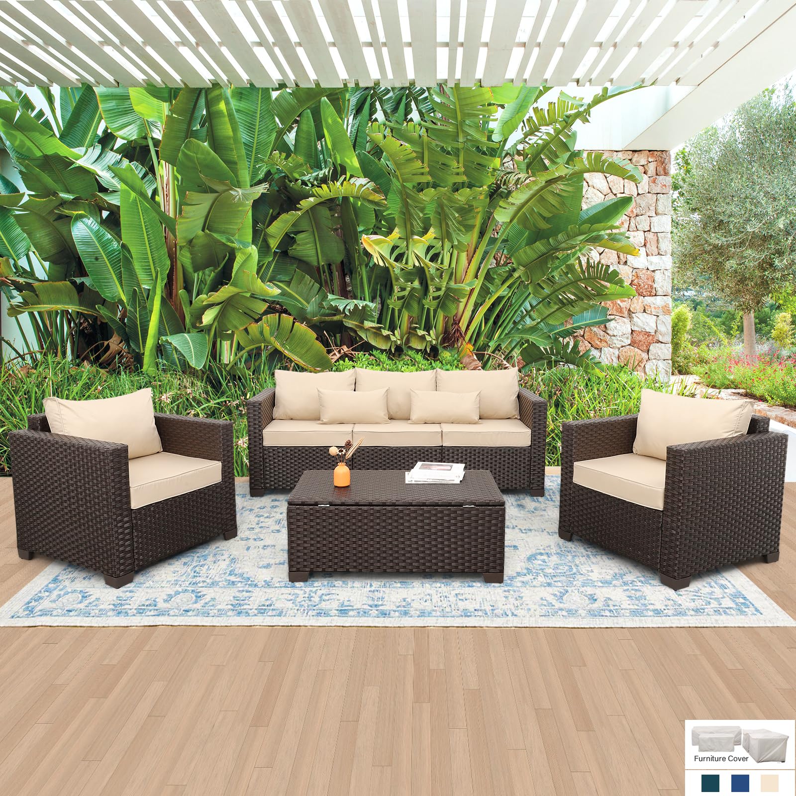 4-Piece Outdoor Patio Furniture Set with Storage - Waterproof Covers & Non-Slip Cushions - Patio Sofa, Chairs & Coffee Table - Perfect for Backyard, Garden or Poolside Relaxation