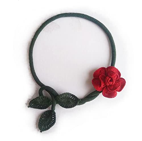 Handmade Crochet Red Rose Necklace with Leaves - Elegant Floral Jewelry for Women - Perfect for Weddings, Parties & Everyday Wear