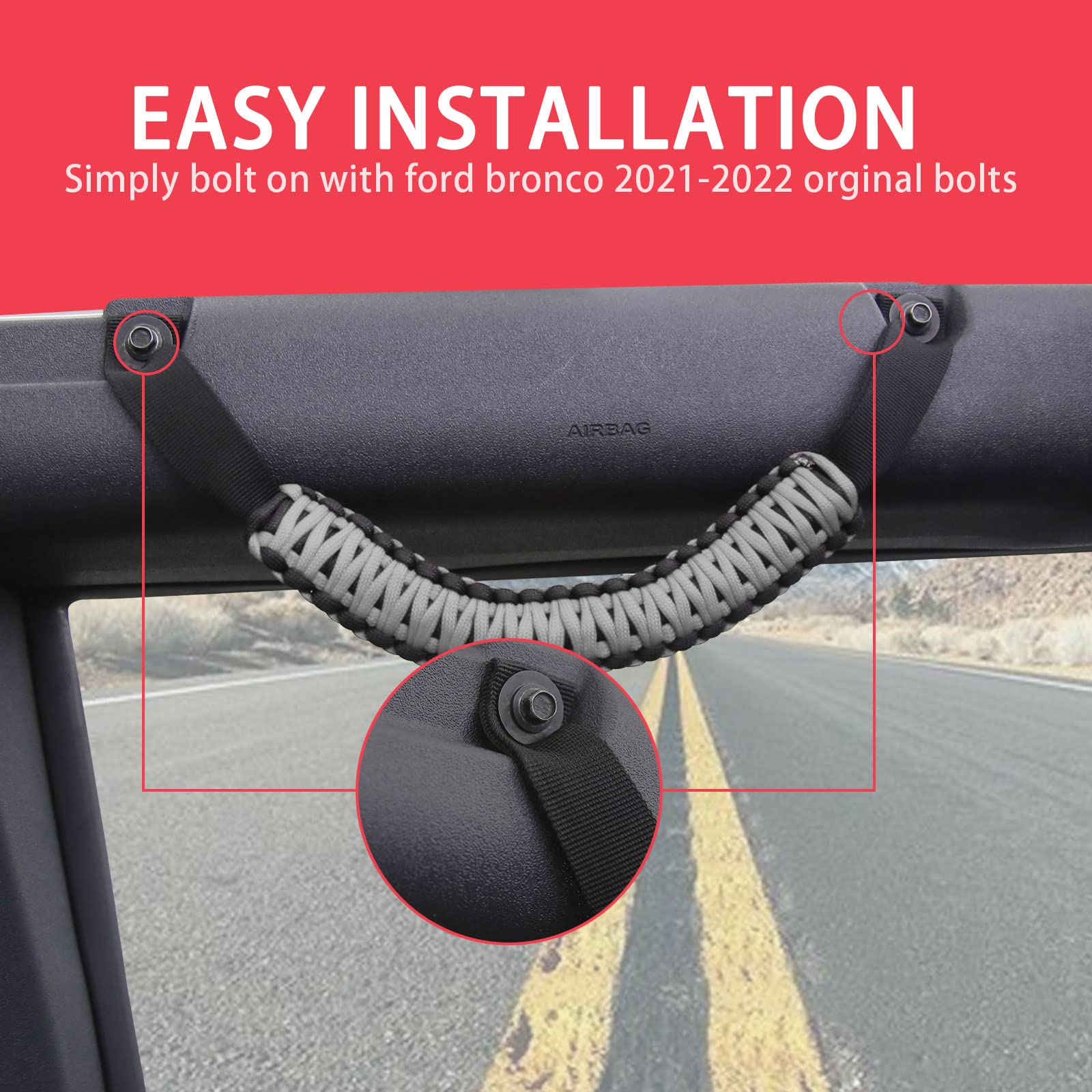 2021-2022 Ford Bronco Roll Bar Grab Handles (2-Pack) - Heavy Duty Grey Interior Car Accessories for Off-Roading & Adventure | Perfect for Jeep Crawling, Trail Riding & Outdoor Exploration