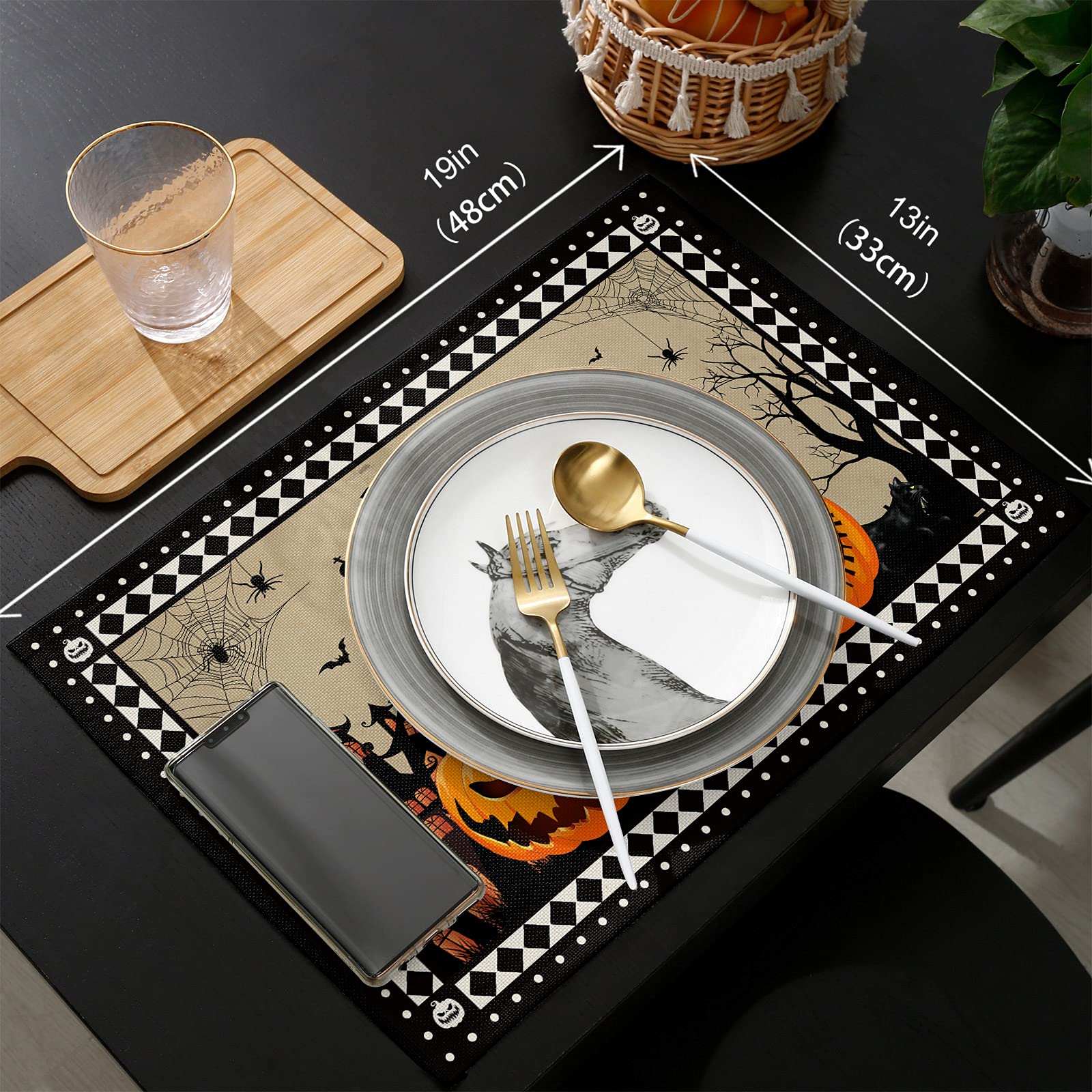 Happy Halloween Table Runner and Placemats Set - 6-Piece Pumpkin & Witch Hat Design with Haunted House Print - 90 Inch Heat-Resistant Cotton Linen Dining Table Runner & Washable Placemats - Perfect for Spooky Dinner Parties, Fall Decor, and Holiday Home Decorating