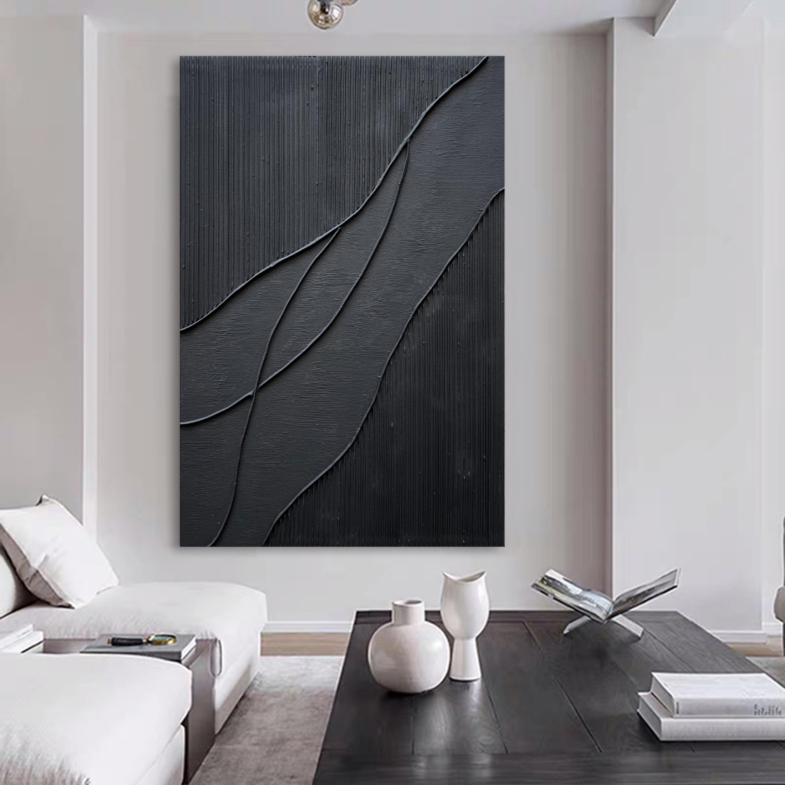 NANKAI Hand-Painted Thick Texture Black Minimalist Oil Painting - 45x30 Inch Large Canvas Wall Art for Living Room, Bedroom & Office Decor | Modern Abstract Home Decoration