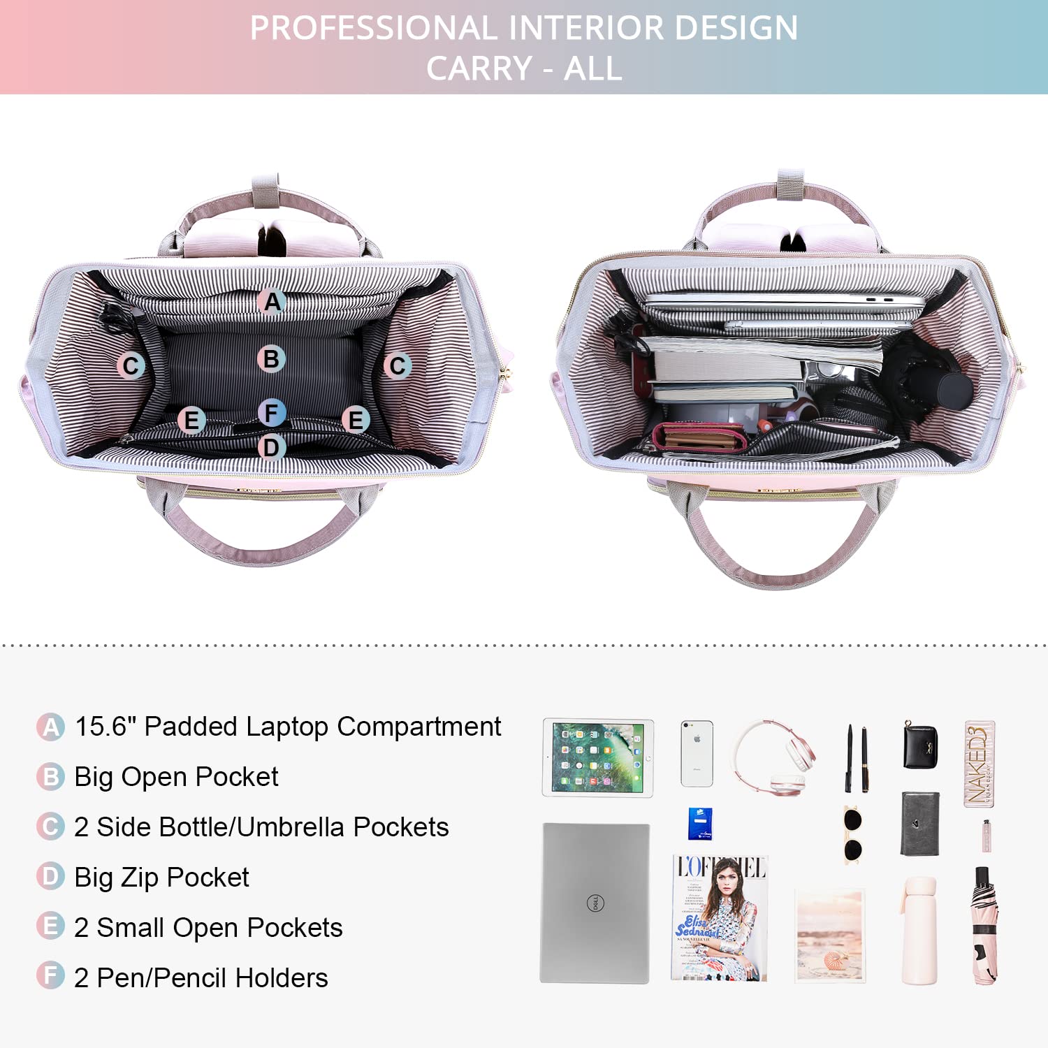 LOVEVOOK Women's Fashion Laptop Backpack with USB Port - Stylish Business Travel Bag for Work, School & Commute, Fits 15.6-Inch Laptop in Pink-Taro Purple, Perfect for Doctors, Nurses & Professionals