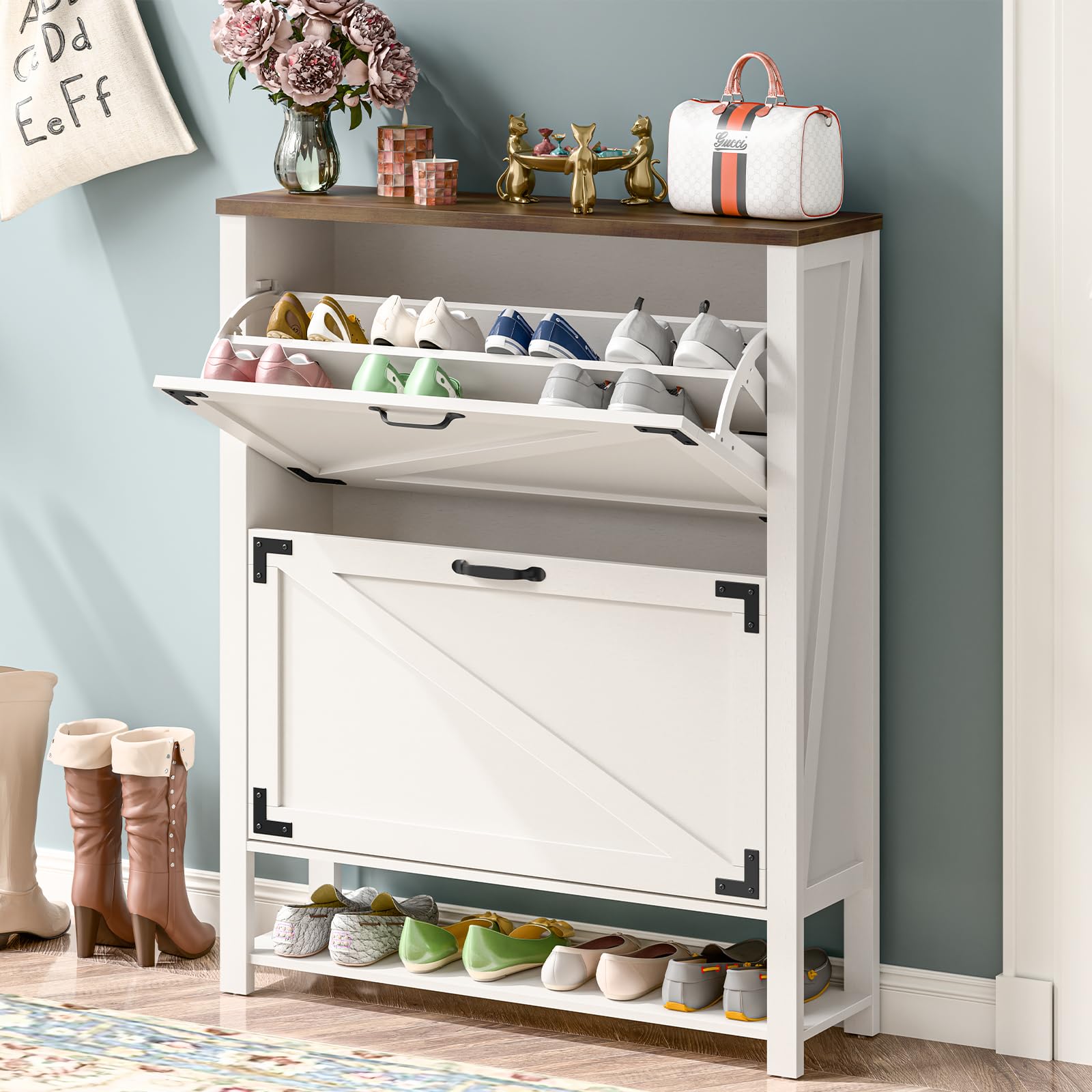 5-Tier Rustic White Shoe Cabinet with 2 Flip Drawers - Farmhouse Entryway Storage Organizer, Narrow Freestanding Wooden Shoe Rack for Hallway, Living Room & Bedroom Closet Organization