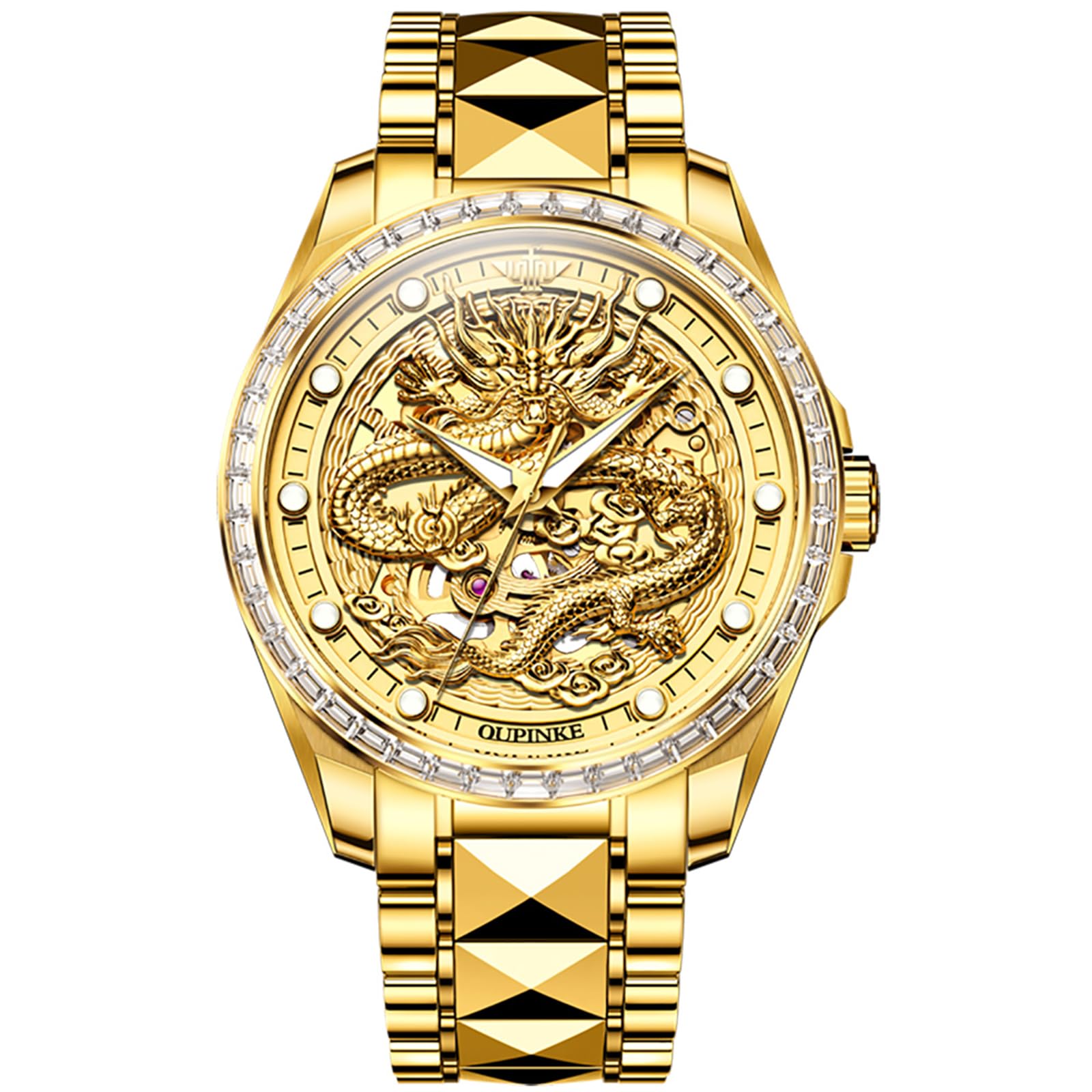 Luxury Automatic Self-Winding Mechanical Watch for Men - Gold Dragon Skeleton Design with Sapphire Crystal, Diamond Accents & Tungsten Steel Band - Waterproof & Luminous Dress Watch - Perfect for Formal Events, Business Meetings & Special Occasions