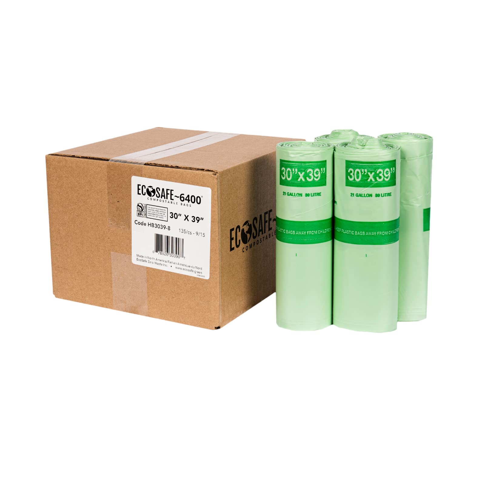 Certified Compostable Trash Bags 30x39 Inch - EcoSafe-6400 HB3039-8 Green Compost Bags for 30 Gallon Bin | Extra Strong, Leak Proof & Tear Resistant | Food Waste, Yard Waste & Kitchen Scraps | Pack of 135 | Perfect for Home Composting, Organic Waste Disposal & Eco-Friendly Living