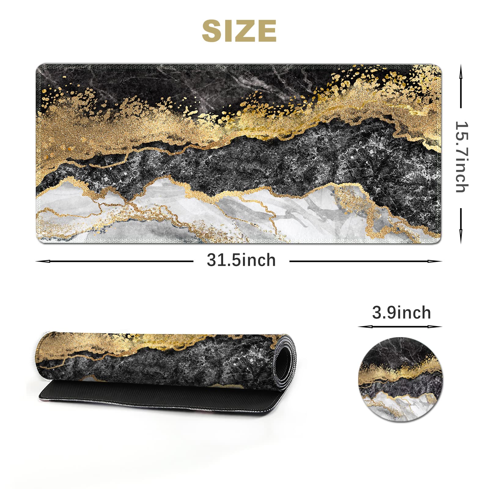 ARTSO Extra Large Gaming Mouse Pad (31.5x15.7 Inch) - Non-Slip Rubber Base with Stitched Edges - XL Keyboard & Mouse Mat for PC, Laptop, Office & Gaming Desk - Black Grey Marble Design - Perfect for Work, Gaming & Home Office Setup