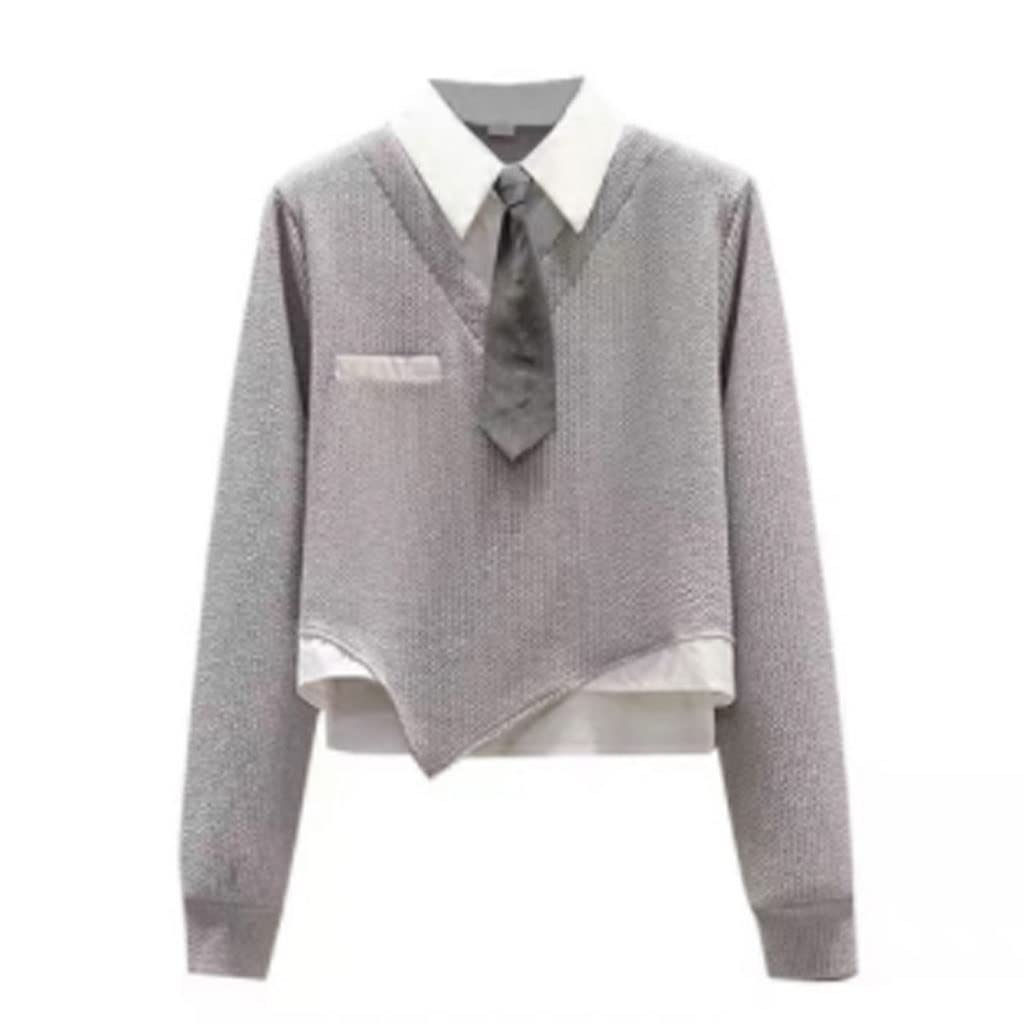 Stylish Women's Patchwork Polo Collar Long Sleeve Blouse - Trendy Two-Tone Tie Design for Spring & Summer | Perfect for Office Wear, Casual Outings & Special Occasions | Available in X-Large (Color A)