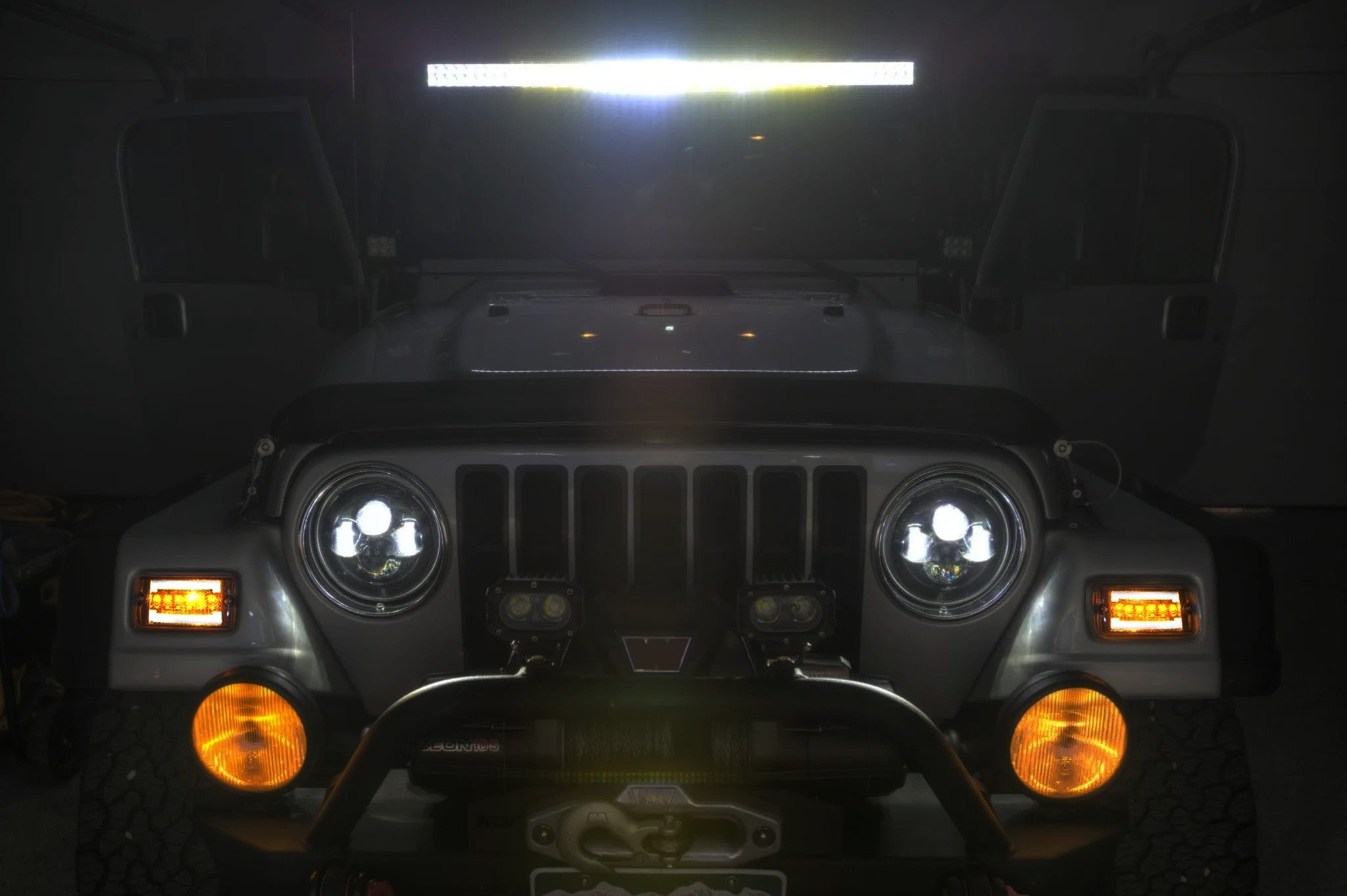 Jeep Wrangler TJ Clear Lens White LED DRL with Amber Turn Signal Lights - High Visibility Daytime Running Lights for Off-Road & City Driving