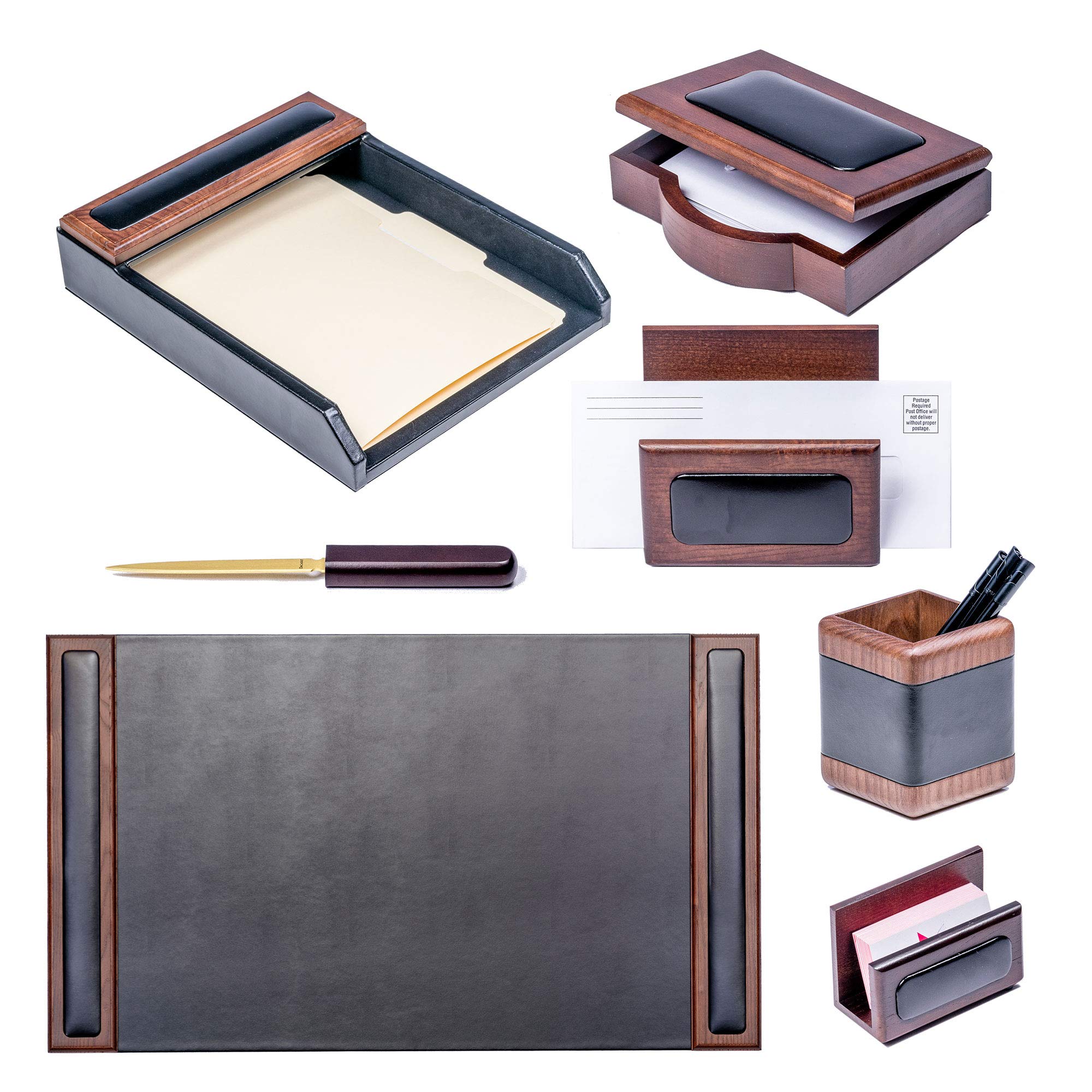 Premium Dacasso Wood & Leather Desk Set - Luxury Leather Desk Pad & Office Organizer with Walnut Wood & Black Leather (7-Piece) - Perfect for Executive Desks, Home Office & Professional Workspaces