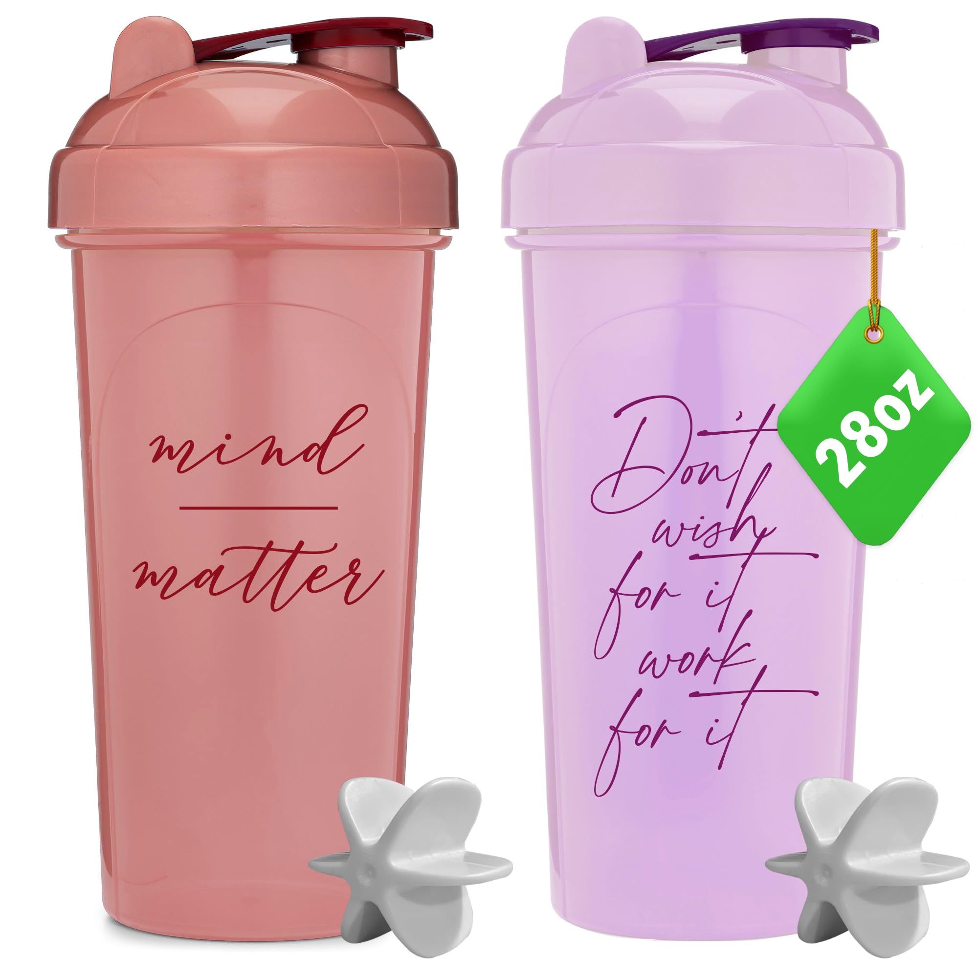 GOMOYO [2 Pack] 28oz BPA-Free Shaker Bottle with Motivational Quotes (Rose & Lavender) | Protein Mixer Bottle with 2 Wire Whisk Balls | Dishwasher Safe Blender Bottle for Protein Powder, Pre-Workout & Smoothies | Gym, Fitness & Sports Essentials