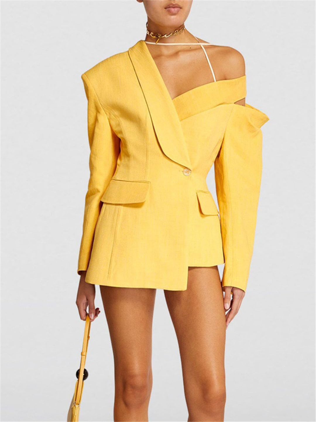 Women's Long Sleeve Off Shoulder Patchwork Blazer with Lapel & Button Closure - Stylish Solid Color Jacket for Spring Fashion | Perfect for Office Wear, Date Nights & Casual Outings