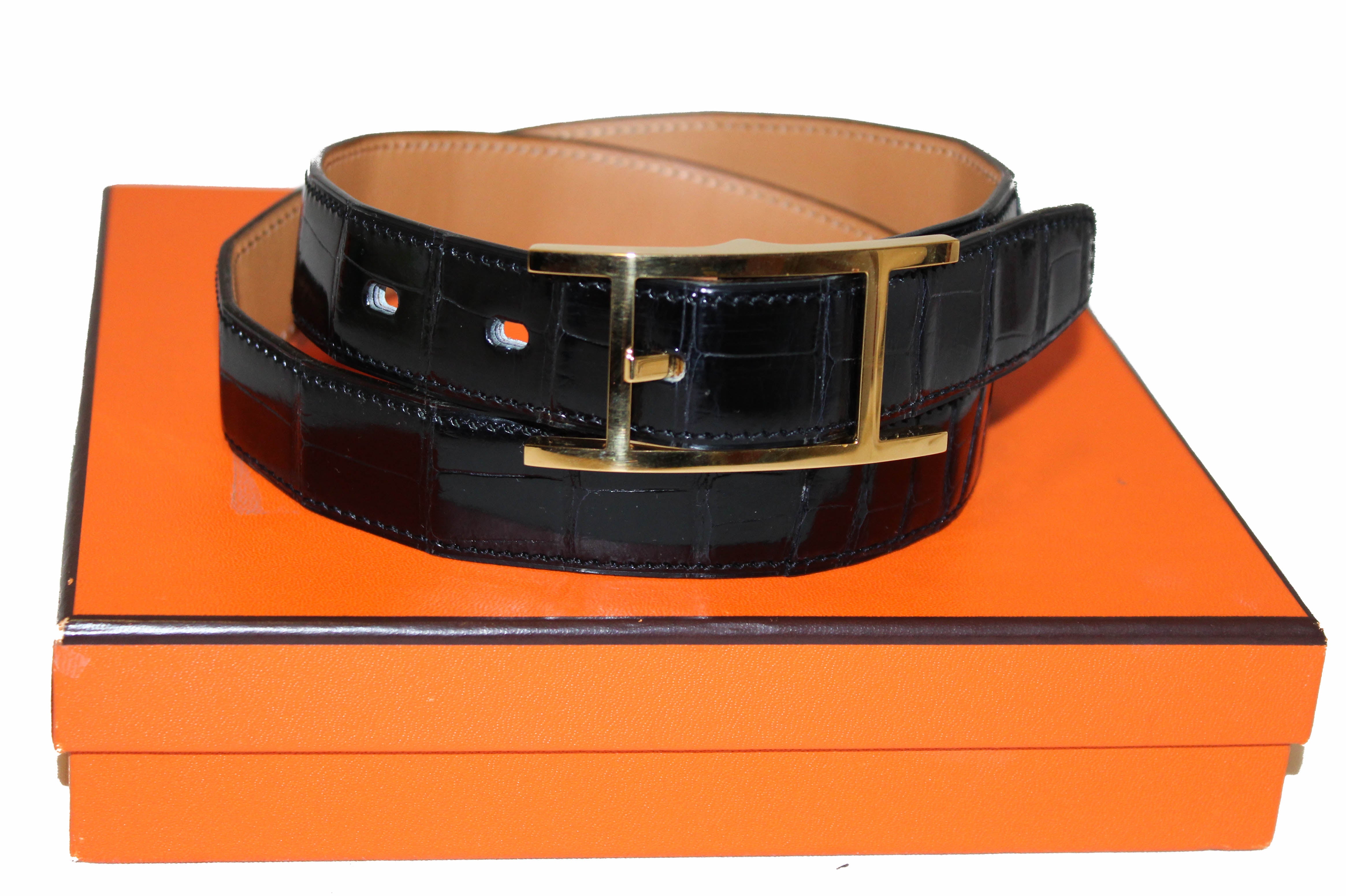 Authentic Hermes Reversible Belt - Black Crocodile Embossed & Brown Quentin Calfskin Leather | Luxury Dress Belt for Men | Perfect for Business, Formal Events & Special Occasions
