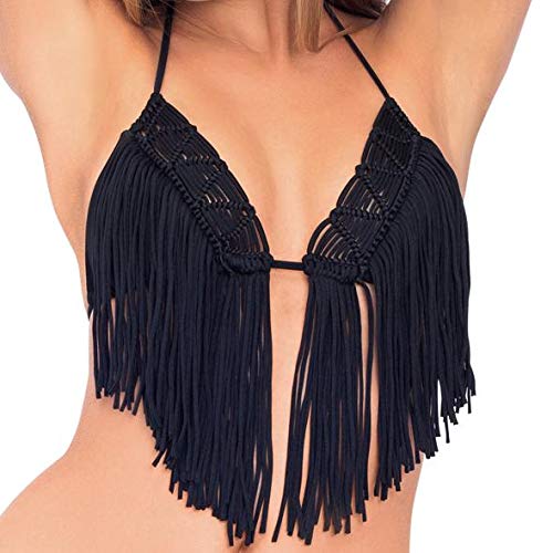 Luli Fama Women's Heart of A Hippie Weave Fringed Triangle Bikini Top - Sexy Bohemian Swimwear for Beach, Pool & Summer Vacations