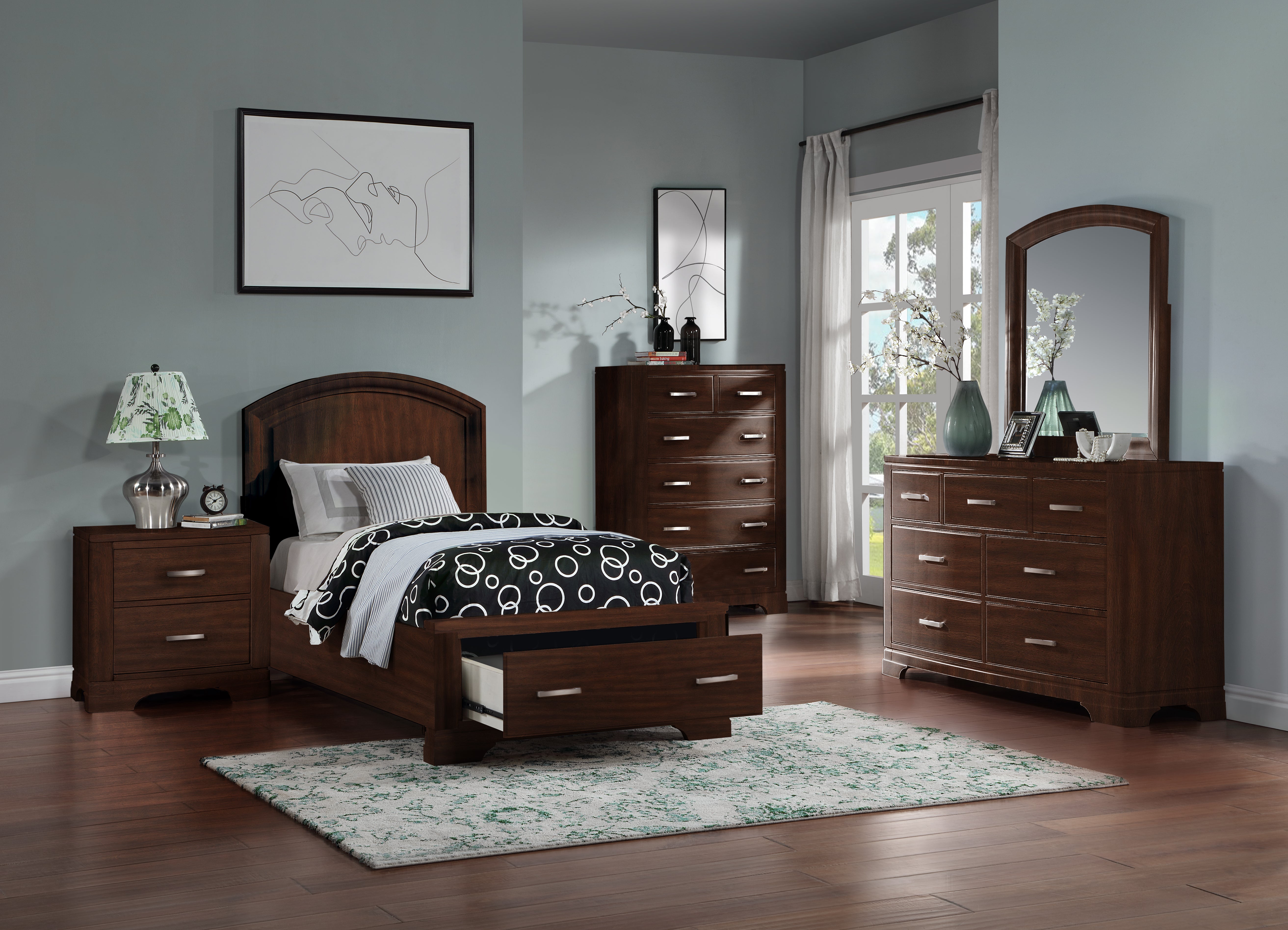 5-Piece Twin Storage Bedroom Set in Cherry Finish - Arista Space-Saving Bedroom Furniture for Small Rooms & Apartments