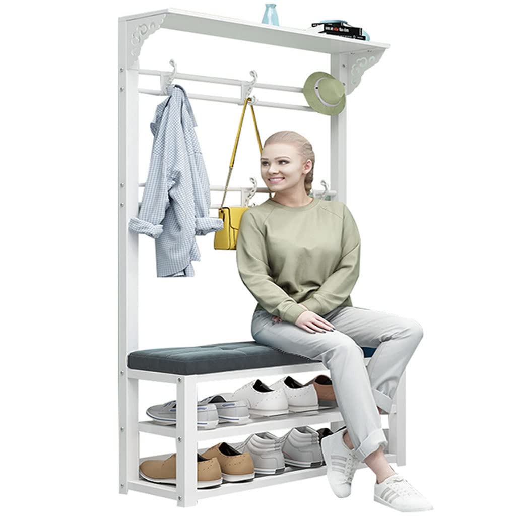 3-in-1 Entryway Hall Tree Bench with 2-Tier Shoe Storage, Seat Cushion & Coat Hooks - Space Saving Shoe Rack Organizer for Bedroom, Hallway & Living Room - Perfect for Small Apartments & Home Entryways