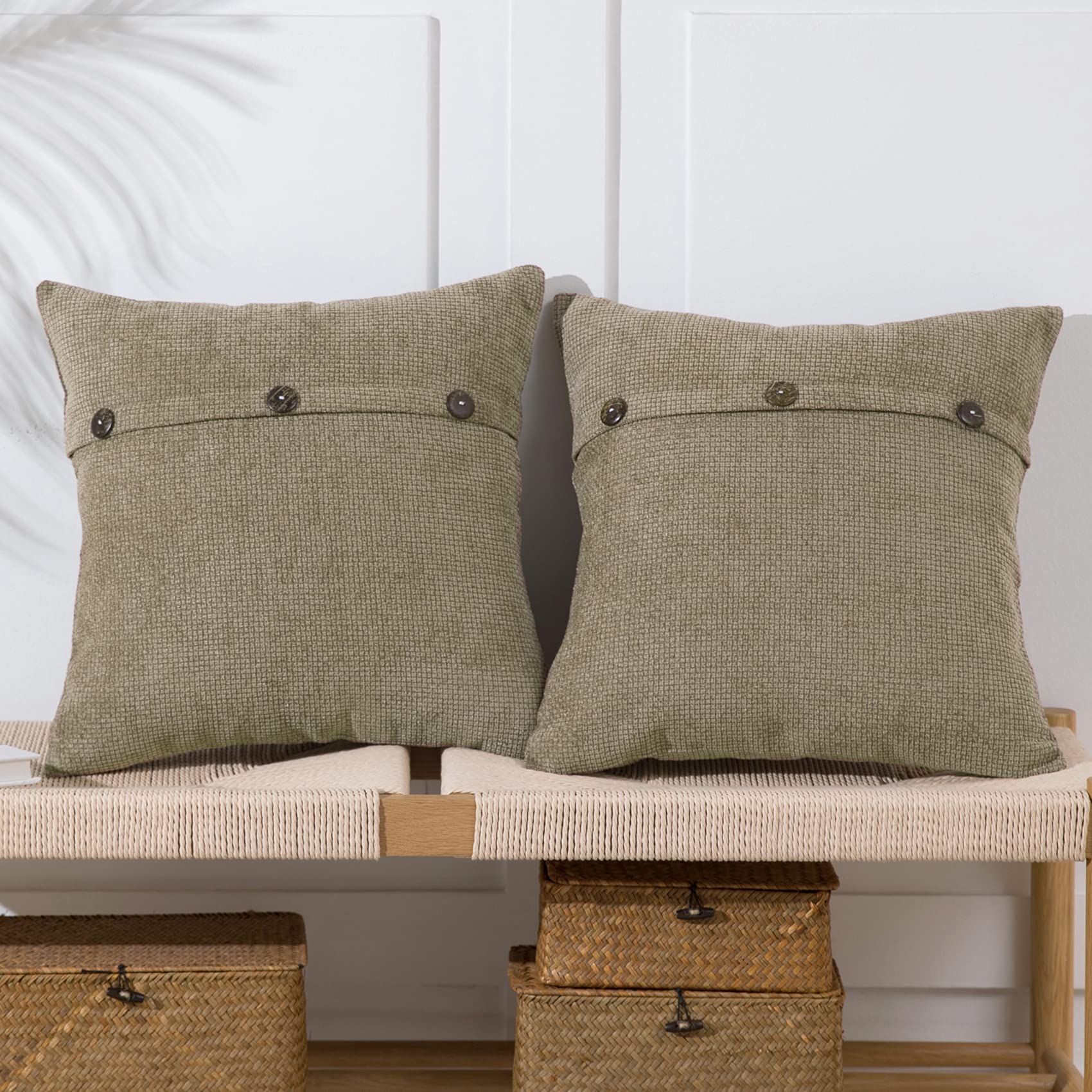 Anickal Khaki Pillow Covers 20x20 Inch - Set of 2 Chenille Decorative Throw Pillow Cases with Triple Buttons, Rustic Farmhouse Style for Sofa, Couch & Bed - Perfect for Living Room, Bedroom & Home Decor