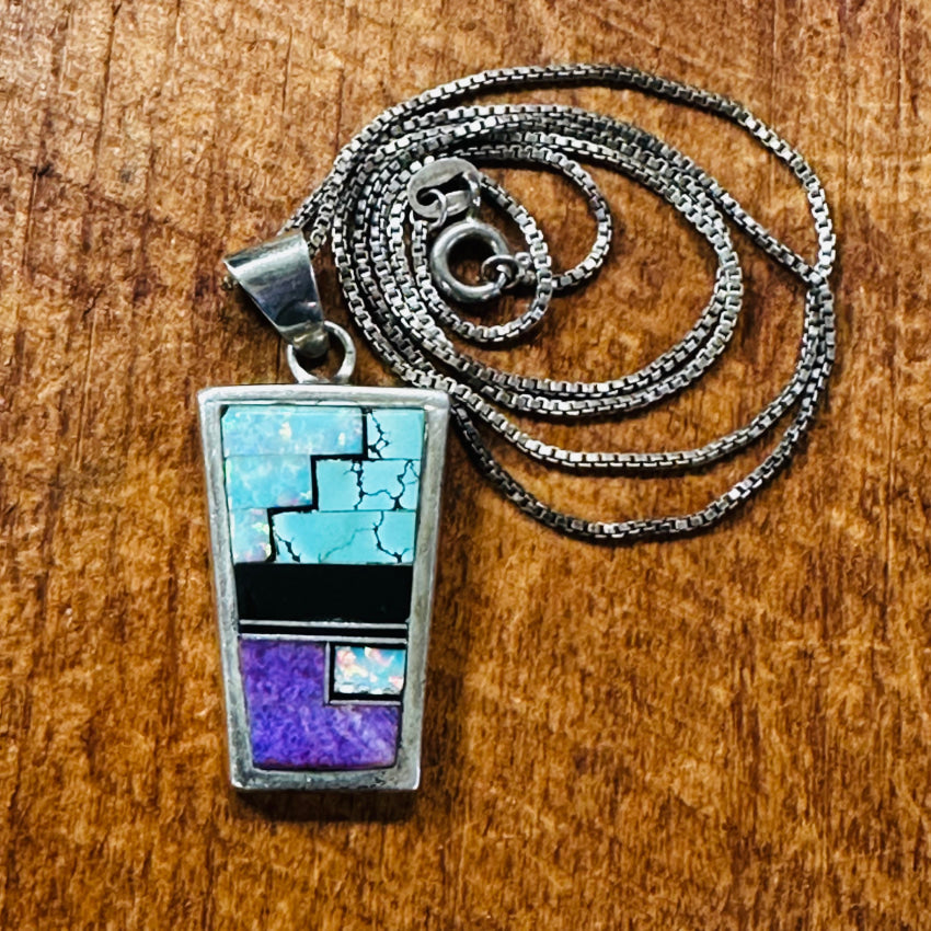 Southwestern Sterling Silver Double Sided Channel Inlay Necklace - Handcrafted Jewelry for Women, Boho Chic Style, Perfect for Casual Wear & Special Occasions