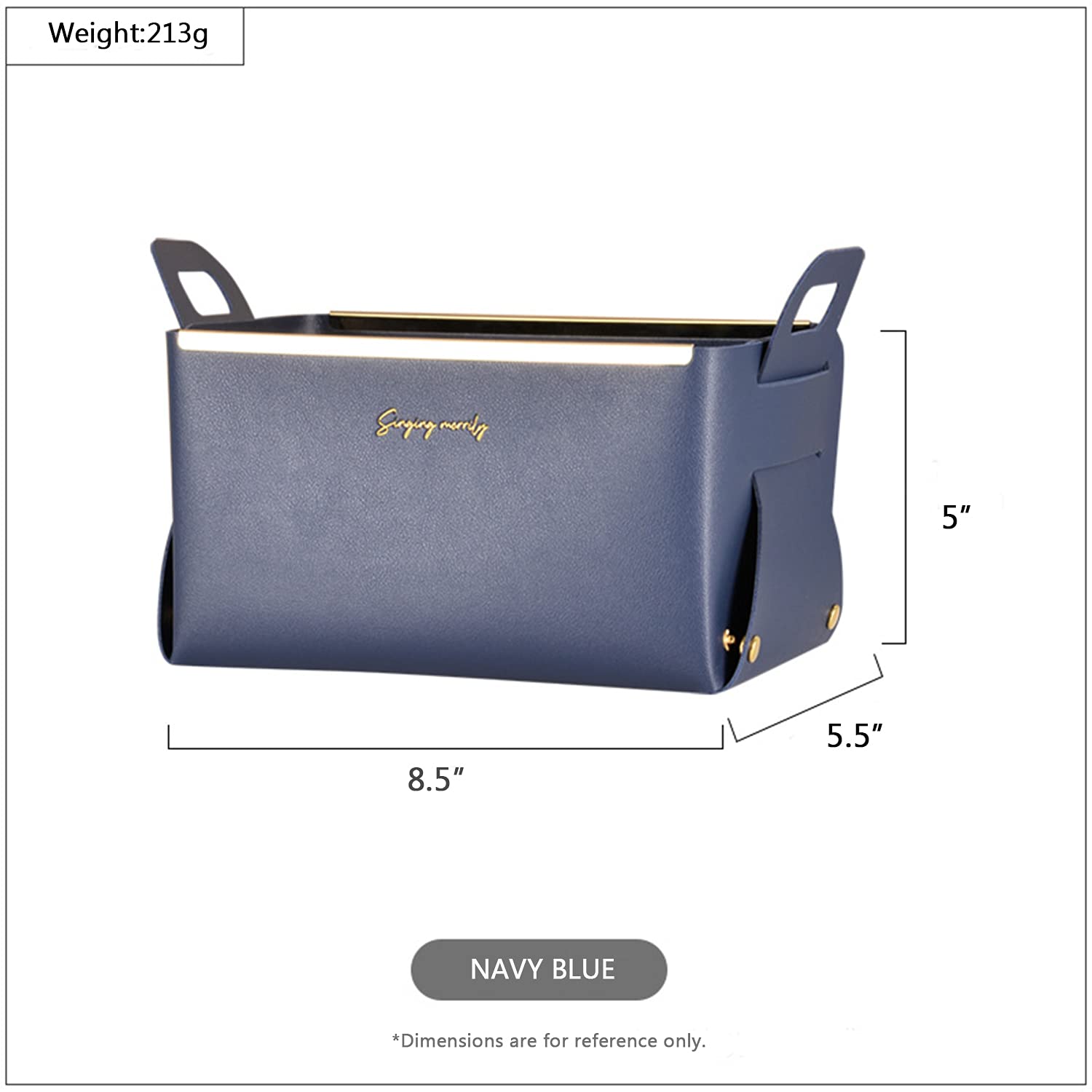Foldable Storage Basket Organizer with Handles - Small Decorative Bin for Bathroom, Vanity, Entryway - Faux Leather Collapsible Tray (Navy) | Perfect for Home Organization, Office Supplies & Gift Ideas
