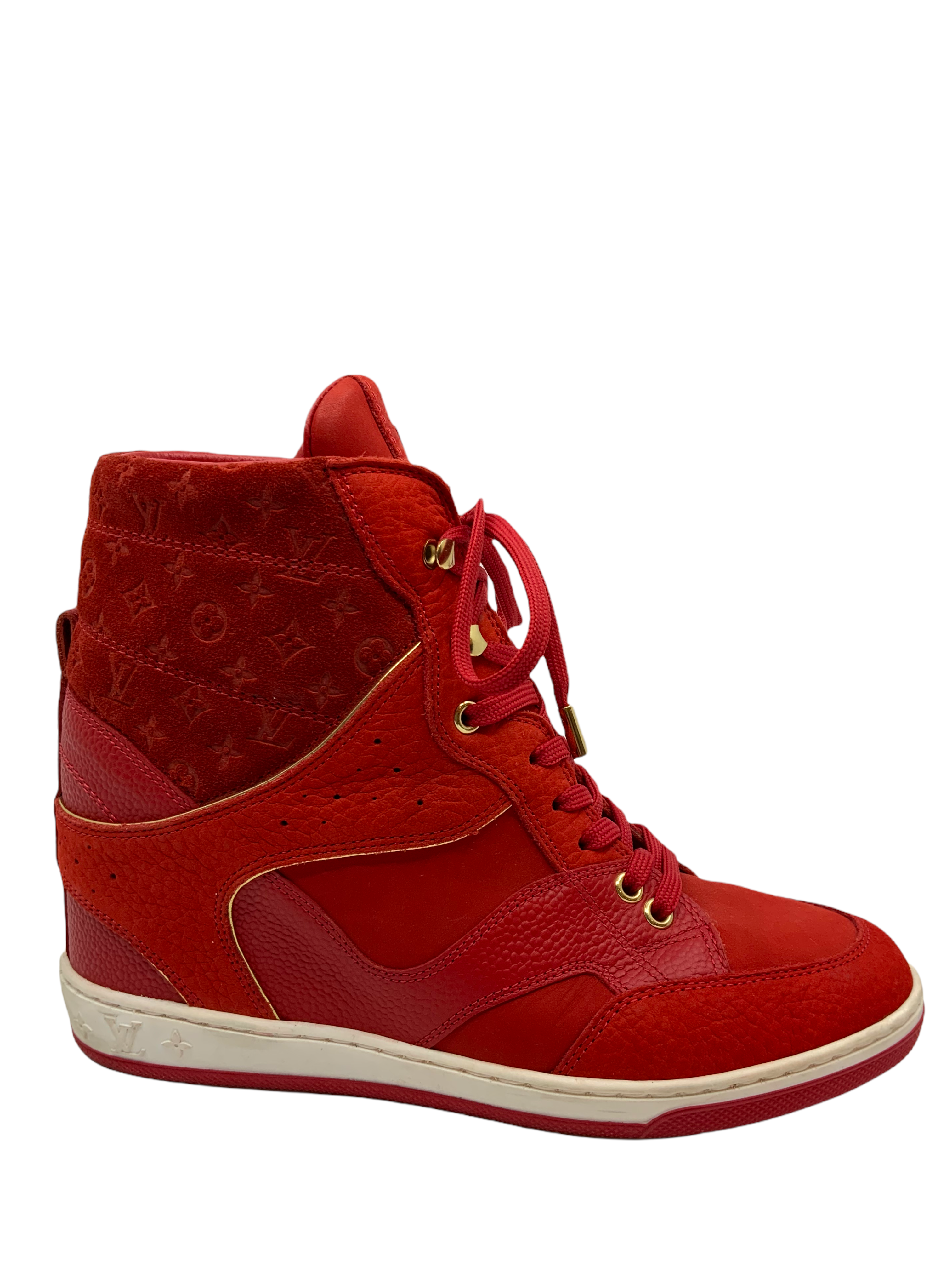 Louis Vuitton Monogram Embossed Suede Cliff Top Wedge Sneakers Women's Size 7 - Fashionable Comfort for Casual Outings & Street Style