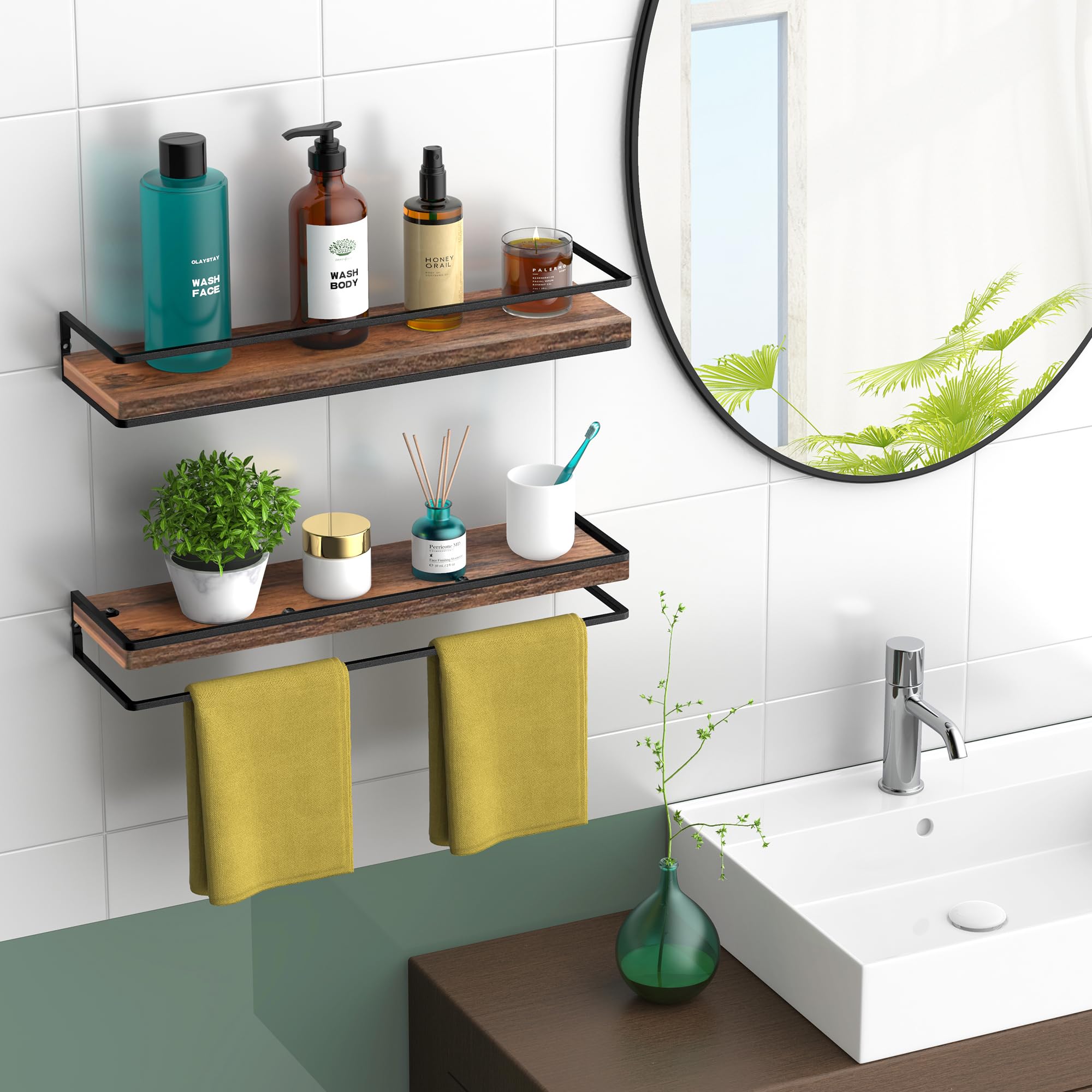 Meangood Set of 2 Floating Wall Shelves - Rustic Brown Wooden Storage Shelves for Bedroom, Living Room, Bathroom & Kitchen | Perfect for Displaying Decor, Books & Organizing Small Items