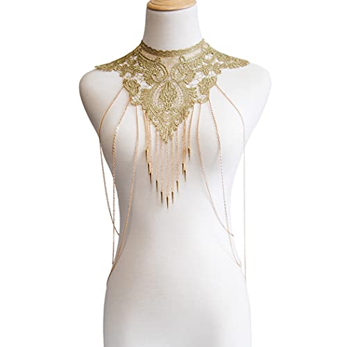CanB Gold Body Chain Necklace - Lace Body Harness Layered Crossover Festival Jewelry for Women & Girls | Perfect for Music Festivals, Beach Parties & Boho Fashion (Style1)