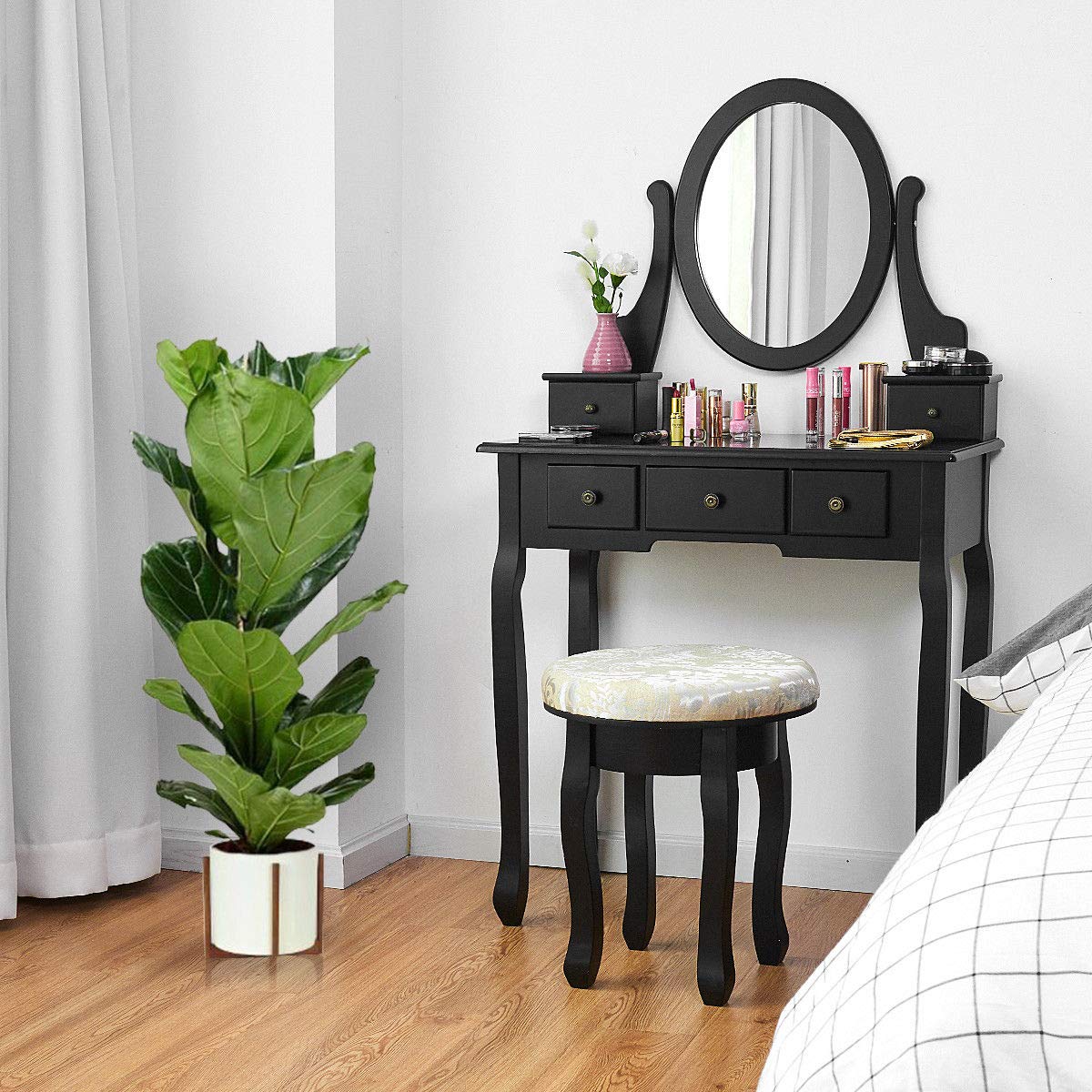Giantex Vanity Makeup Table Set with Swivel Mirror & Cushioned Stool - 5 Drawer Dressing Table for Bedroom, 360° Rotating Wooden Vanity Desk (Black) - Perfect for Makeup Organization, Dressing Room & Small Space Decor