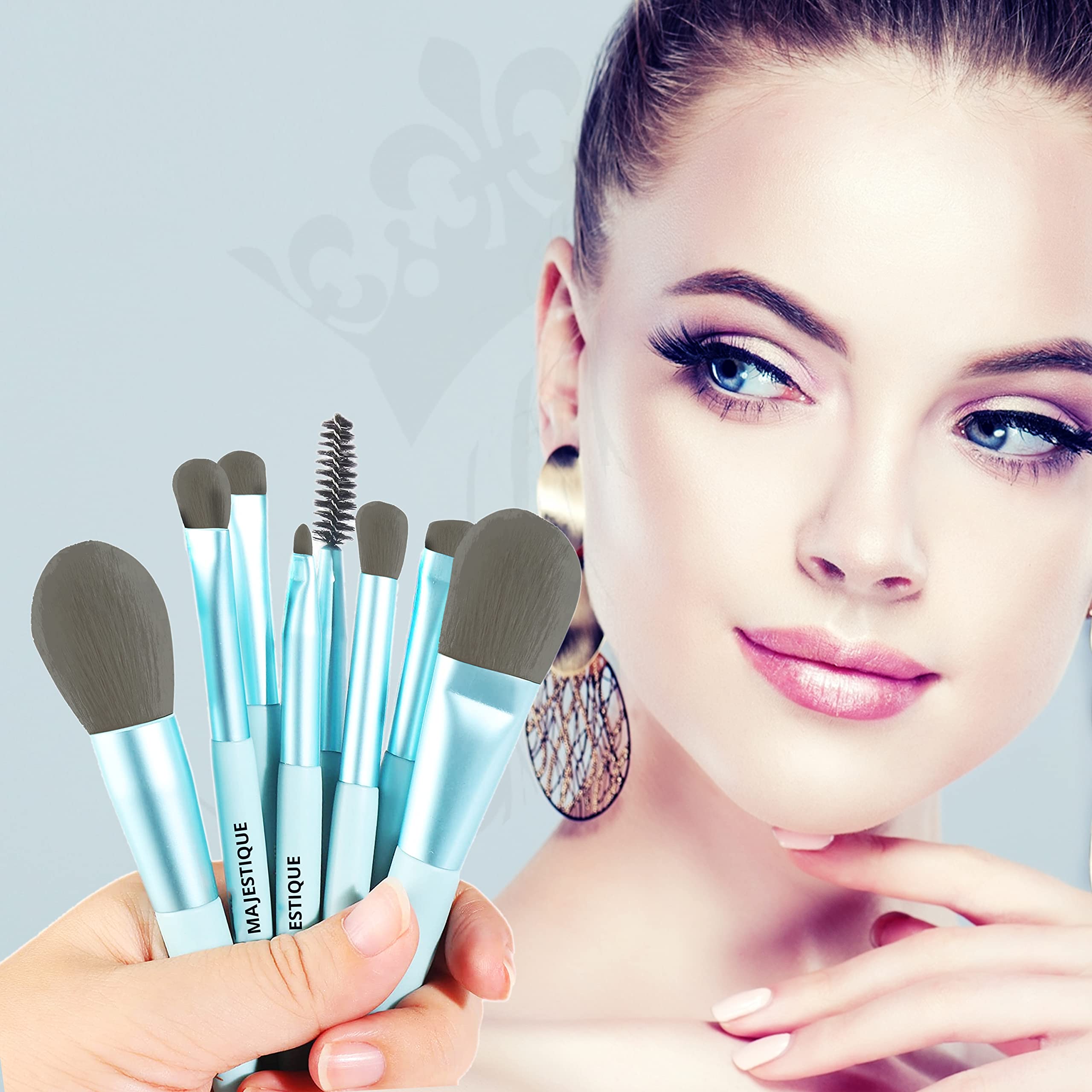 Majestique 8Pcs Professional Makeup Brush Set - Face Powder, Concealer, Eyeshadow, Eyebrow & Lip Brushes - Blue Cosmetic Beauty Tools for Everyday Makeup & Professional Use
