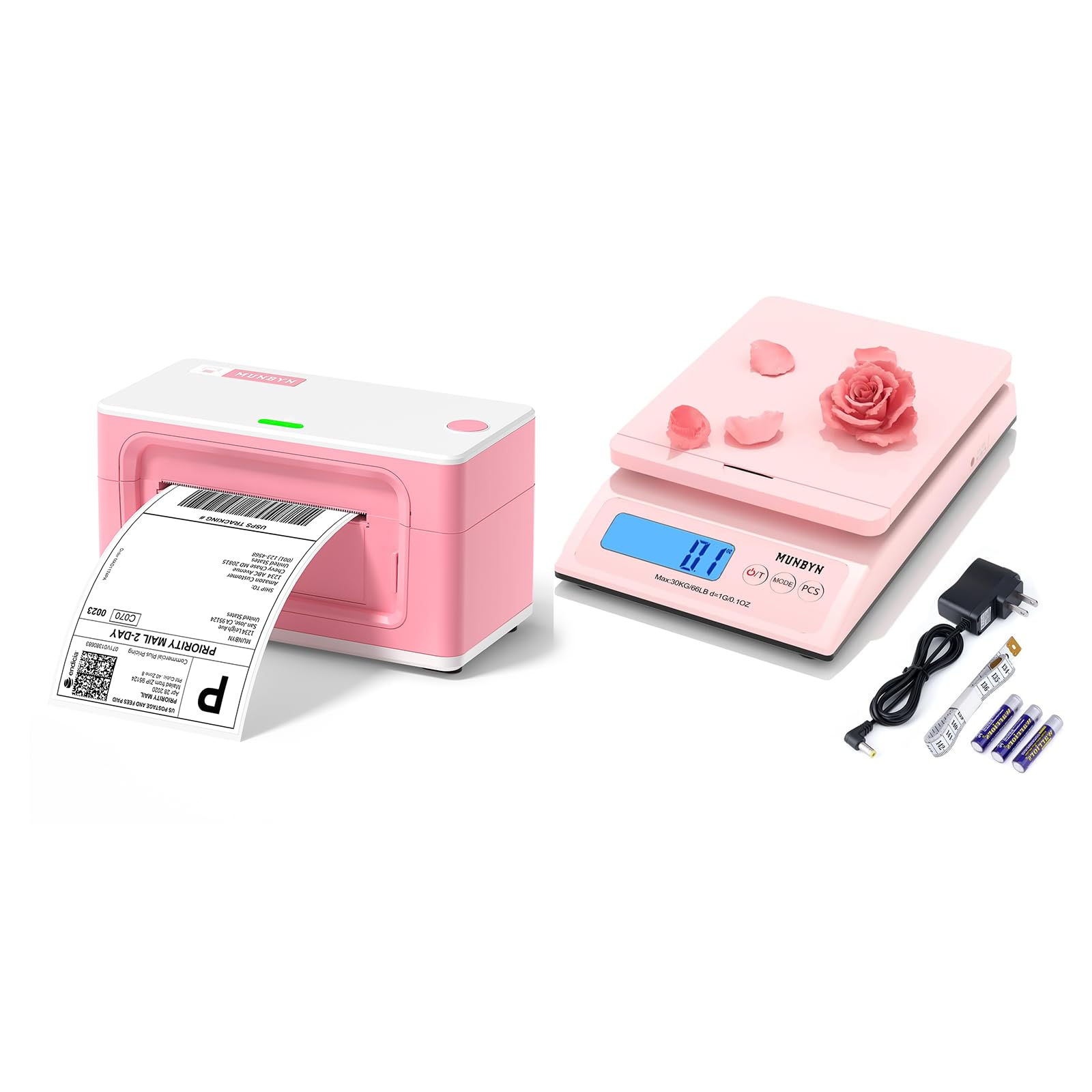 MUNBYN RealWriter 941 4x6 Thermal Shipping Label Printer with 66lb/0.1oz Postal Scale - Sweet Pink Style for Ecommerce, Amazon FBA, USPS & UPS Packages | Ideal for Small Business Shipping & Home Office Use