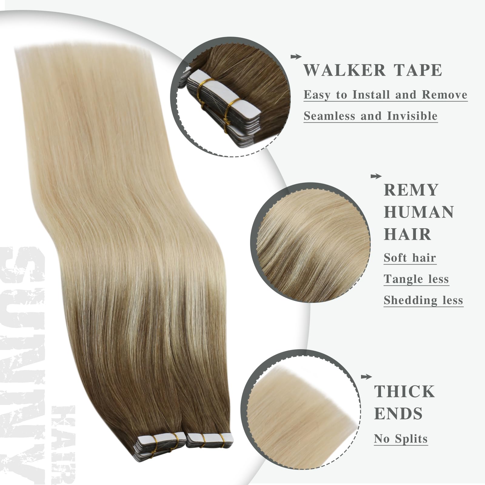 Ve Sunny 20pcs 50g 14in Ombre Human Hair Tape-in Extensions - Light Brown to Platinum Blonde - Invisible Seamless Hair Extensions for Natural Volume & Length - Perfect for Parties, Weddings & Daily Styling