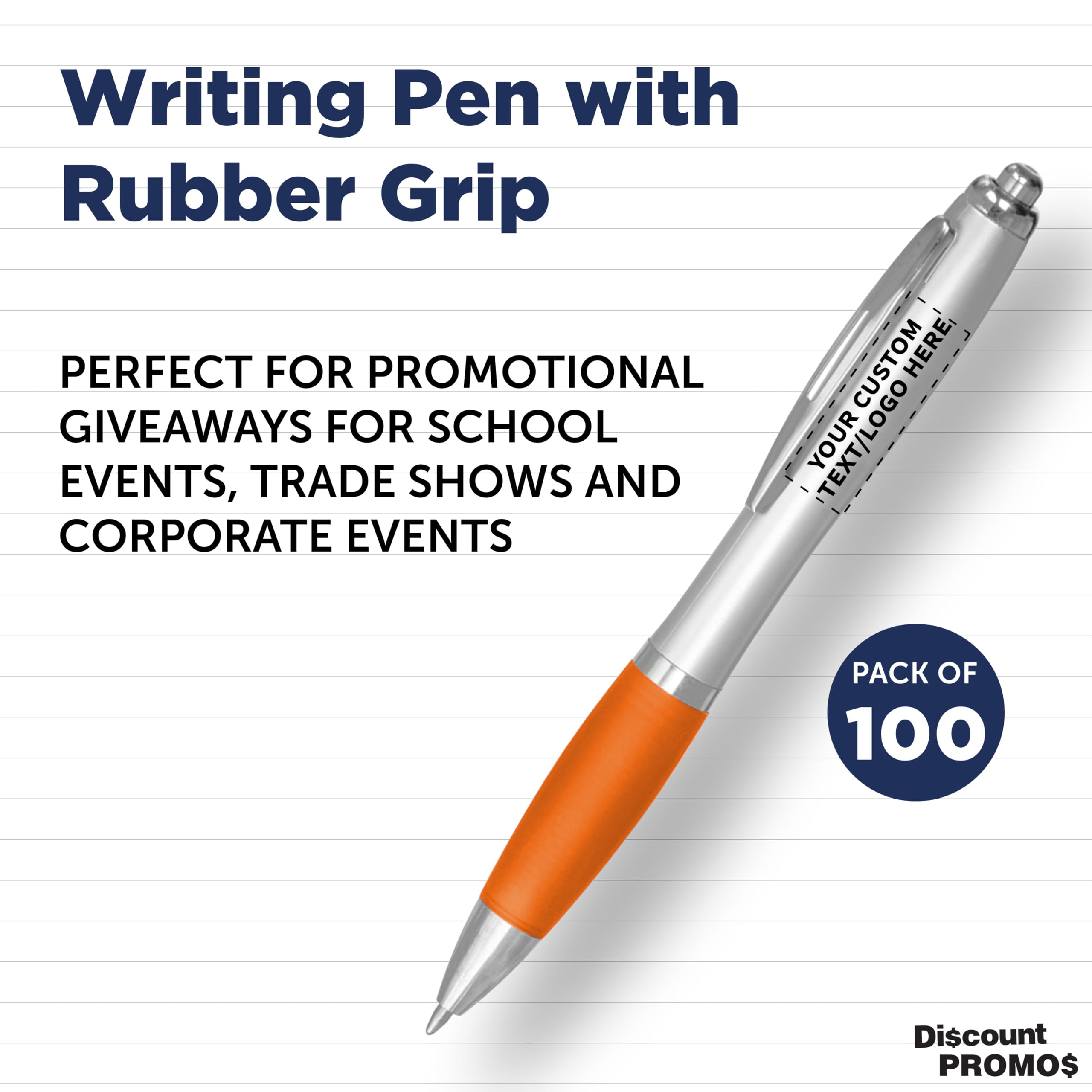 Customizable Ergonomic Ballpoint Pens with Rubber Grip - 100 Pack Personalized Click-to-Write Pens with Black Ink (Orange Barrel) for School, Office & Business Promotions - Bulk Custom Pens for Students, Teachers & Corporate Gifts