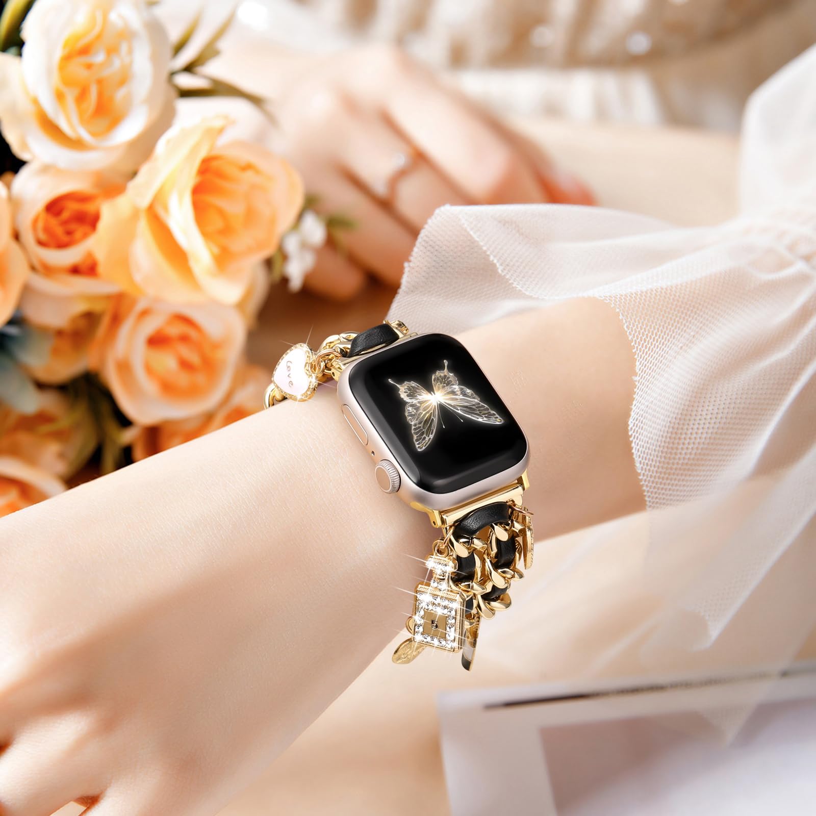 Elegant Stainless Steel Band for Apple Watch - Compatible with 38mm 40mm 41mm 42mm 44mm 45mm 46mm Models - Fashionable Chain Strap with Charms for Women - Perfect for iWatch Series 10/9/8/7/6/5/4/3/2/1/SE - Ideal for Workouts, Office Wear & Special Occasions