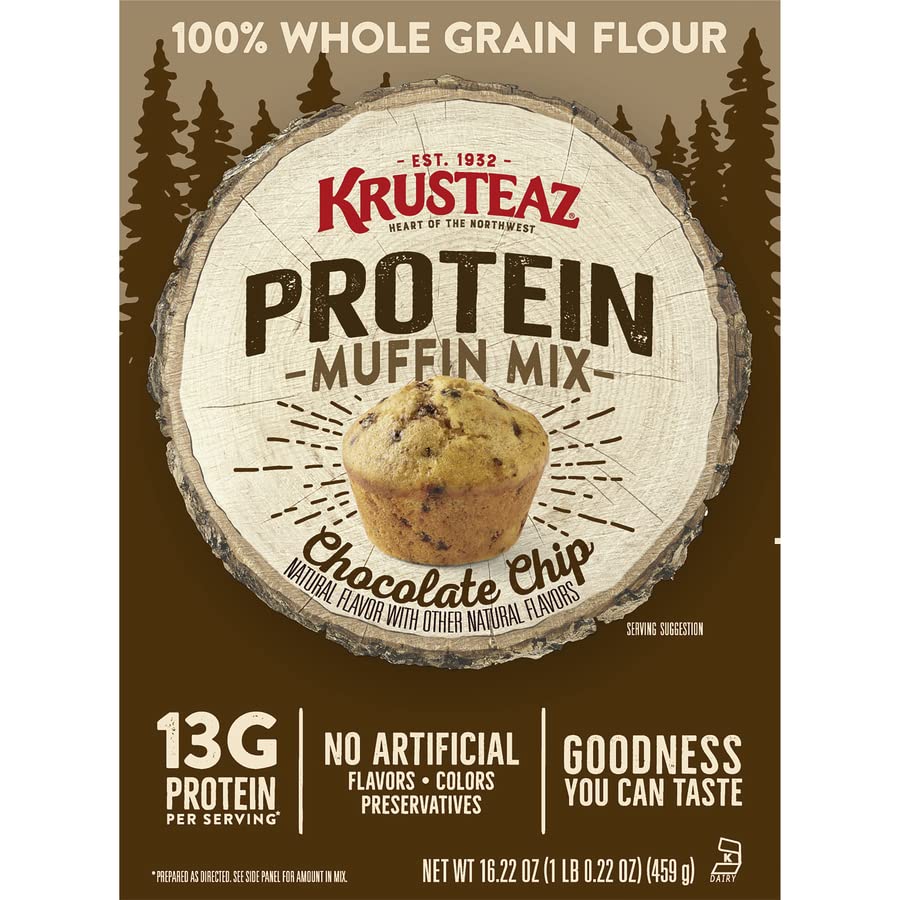 Krusteaz Protein Muffin Mix Chocolate Chip - 100% Whole Grain Flour - No Artificial Flavors, Colors or Preservatives - 16.22 Oz (Pack of 16) - Perfect for Breakfast, Snacks & Healthy Baking at Home