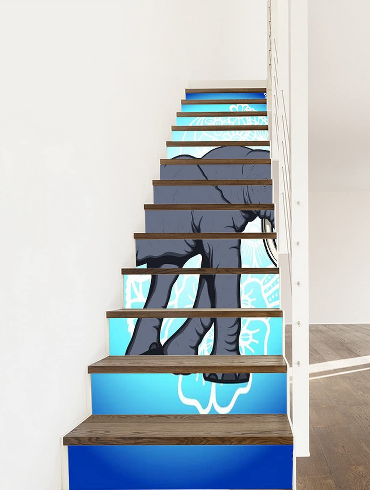 3D Self-Adhesive Removable Stair Stickers - Bohemian Elephant Design Vinyl Decals for Stairs, Tiles & Walls (13-Piece Set) | Waterproof Home Decor for Kitchen, Bathroom & Nursery