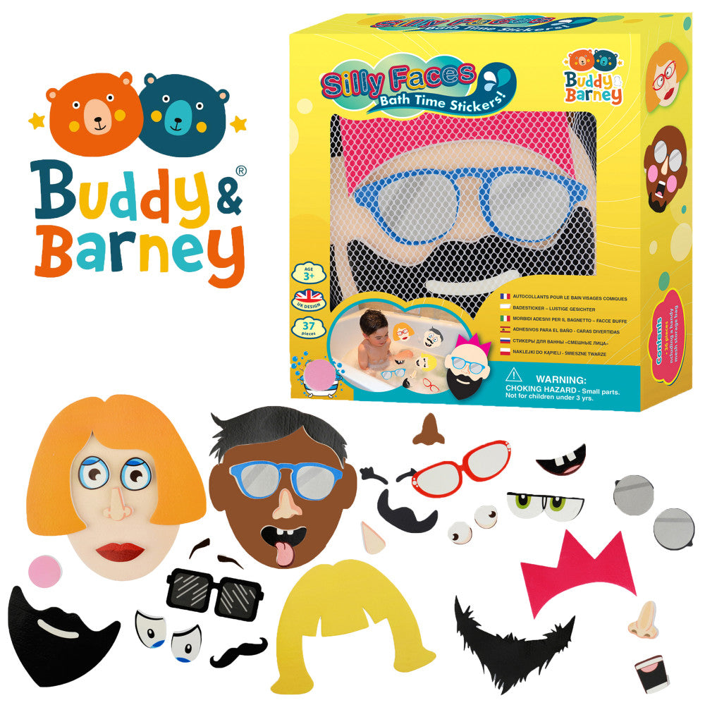 Buddy & Barney Silly Faces 36 Reusable Bath Stickers for Kids - Fun Bathtime Decorations & Learning Toys for Toddlers - Perfect for Bathroom Wall Decor and Sensory Play