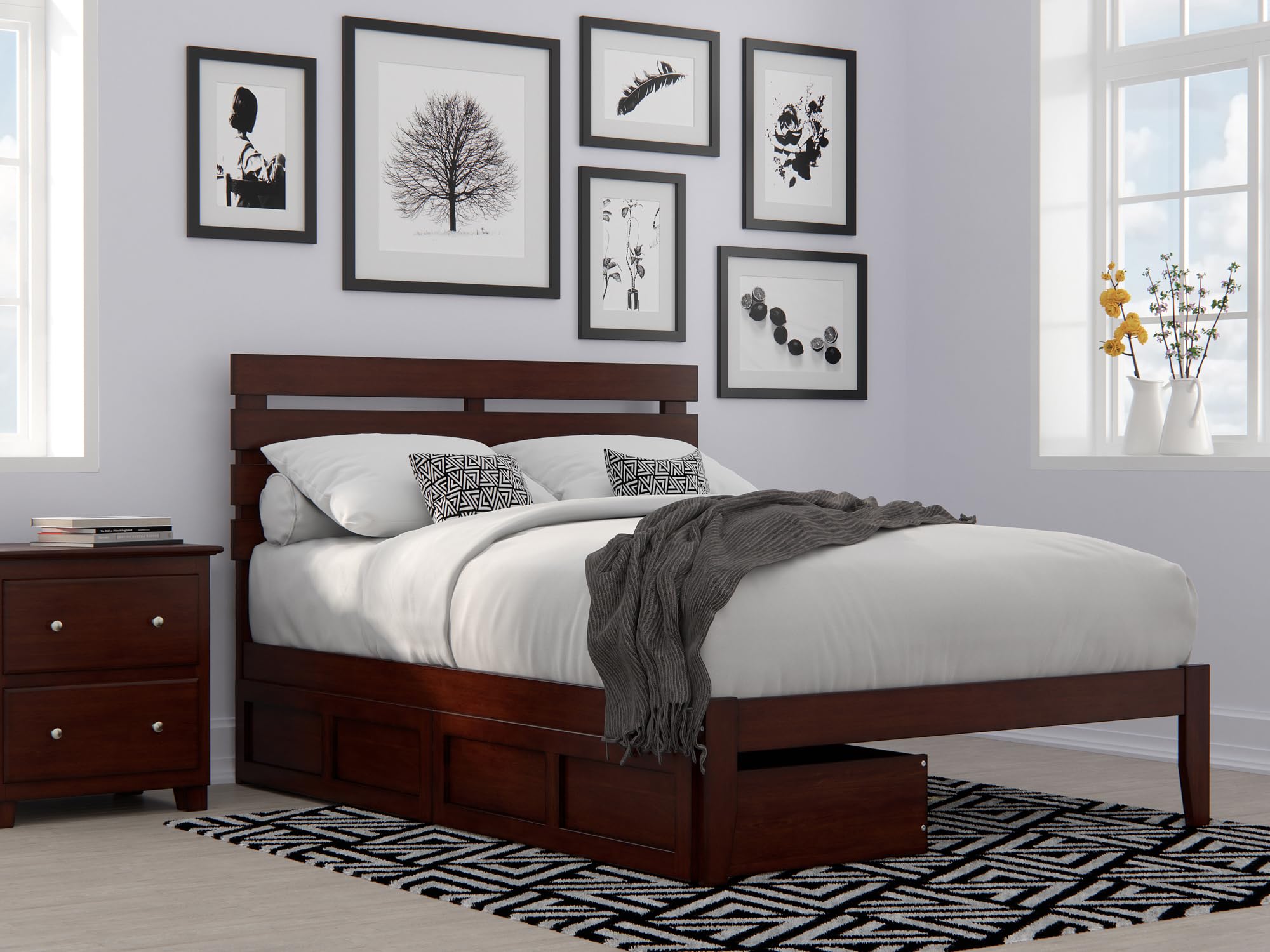 AFI Oxford Full Size Platform Bed with Storage Drawers & USB Charging Station - Walnut Finish Modern Bedroom Furniture for Small Spaces & Apartment Living