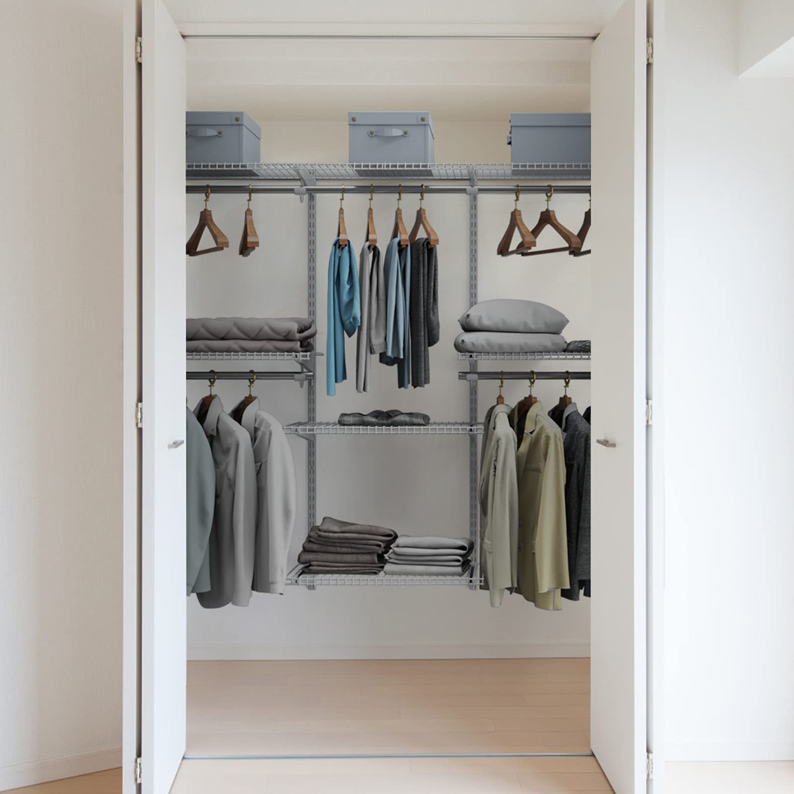 AFSTAR 4-6 FT Adjustable Wall Mount Closet Organizer System - 3 Hanging Rods & 6 Storage Shelves - Custom Closet Kit for Bedroom, Apartment (White) | Space Saving Closet Solution for Small Rooms & Walk-In Closets