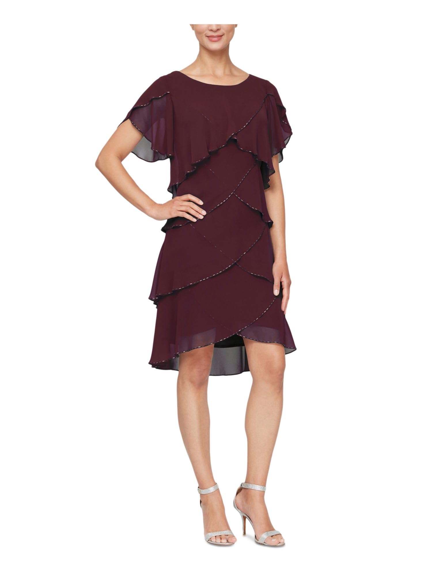 Elegant Women's Short Tulip Sleeve Tiered Chiffon Cocktail Dress for Wedding Guest, Party & Special Occasions - Petite & Regular Sizes Available | S.L. Fashions