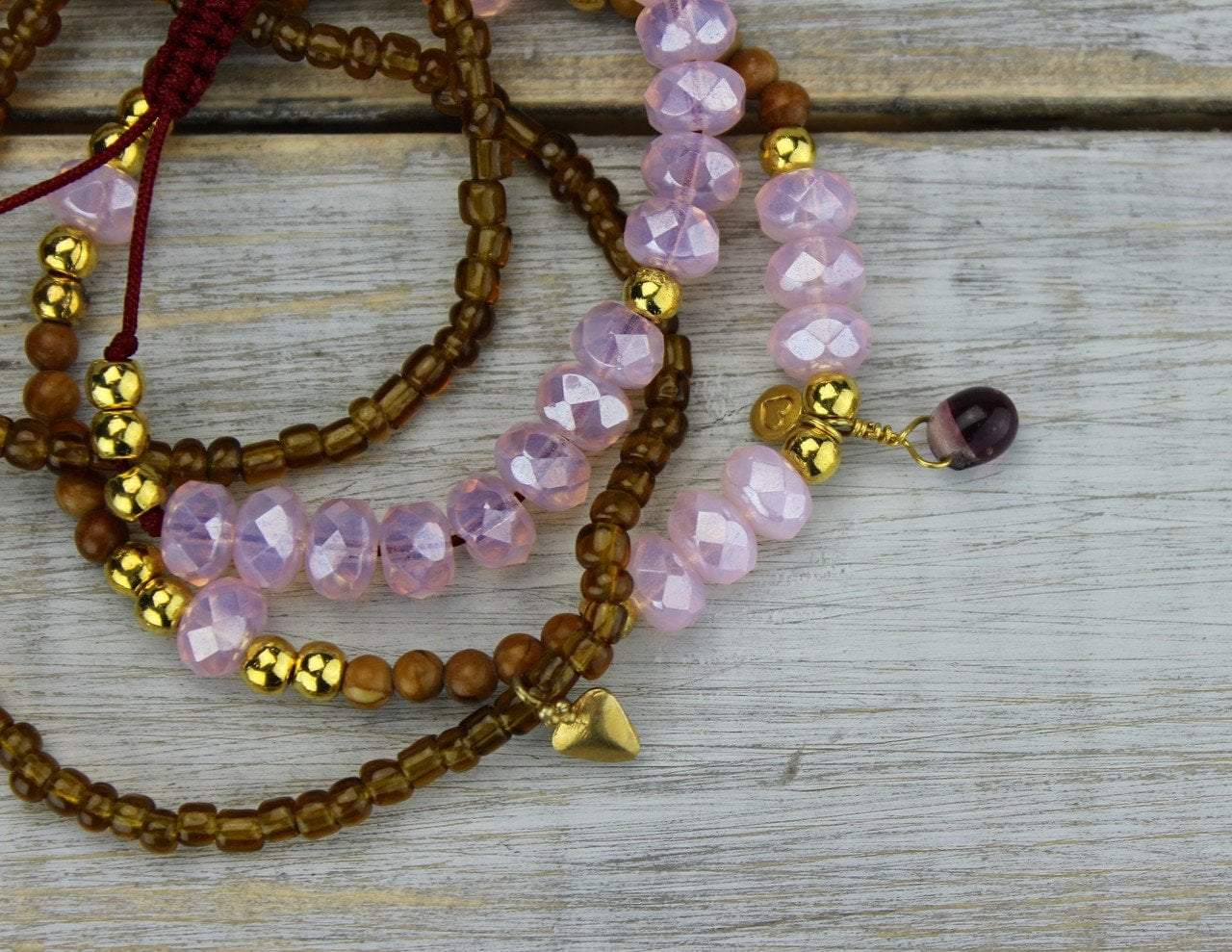 Hearts of Gold Wrist Mala Stack - Yoga Meditation Beaded Bracelet Set for Women, Boho Spiritual Jewelry Gift for Mindful Living & Positive Energy