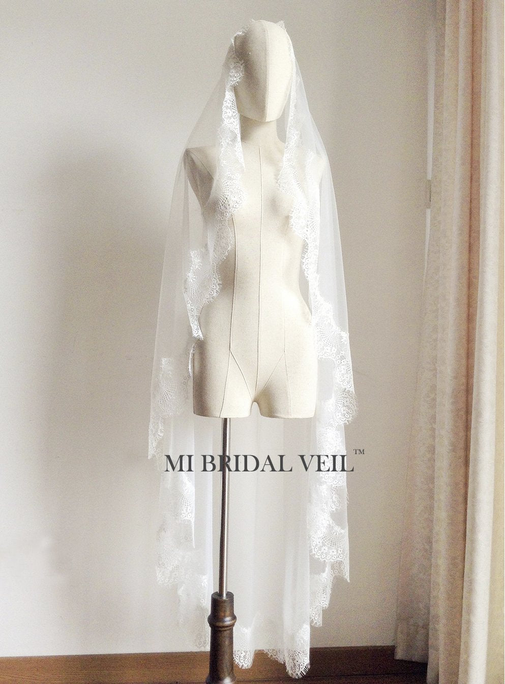 Elegant Cathedral Lace Wedding Veil with Blusher - Handmade Eyelash Lace Bridal Veil for Bride | Perfect for Church Ceremony, Outdoor Wedding & Formal Photoshoots